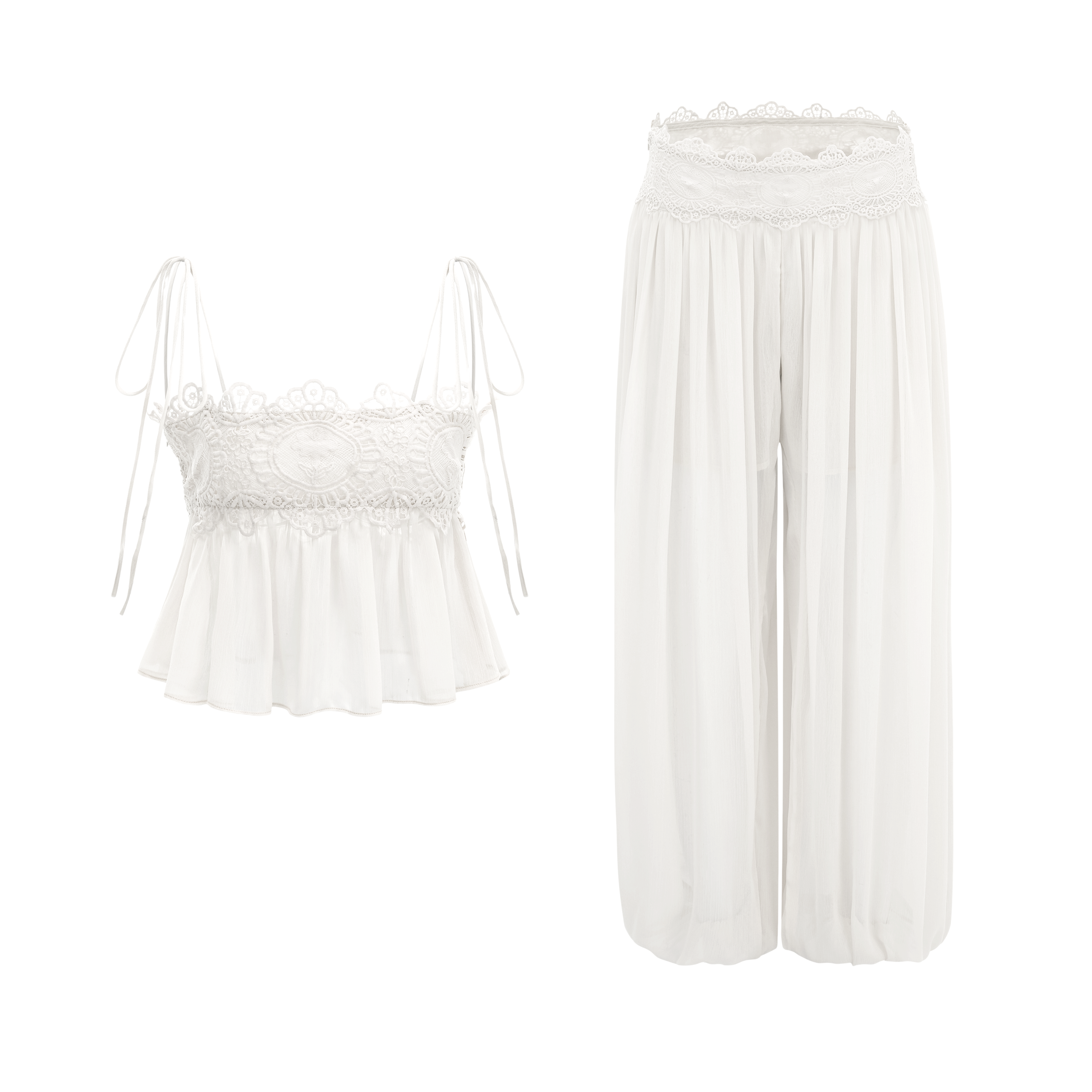 Kamila White Lace Trim Ruched Top & Trouser Set