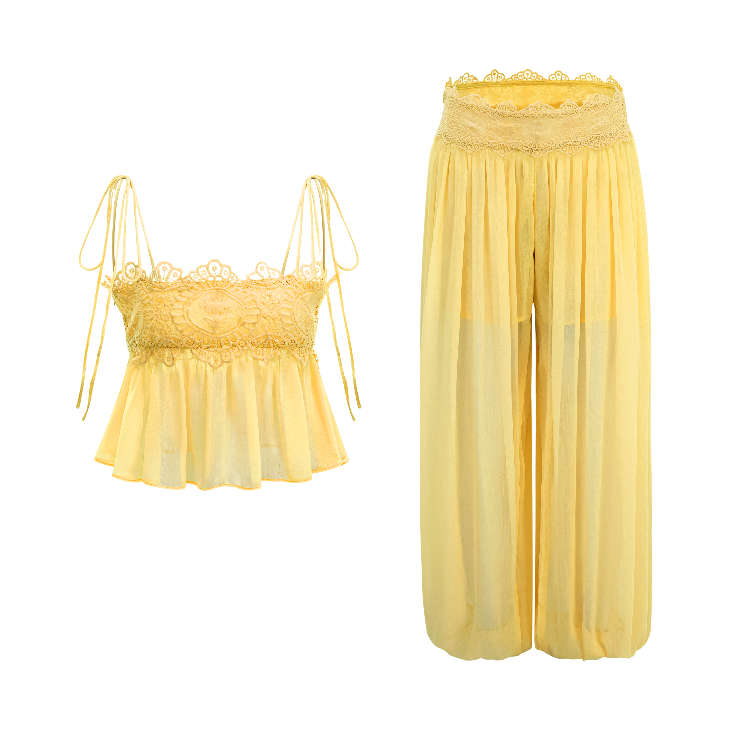 Kamila Yellow Lace Trim Ruched Top & Trouser Set