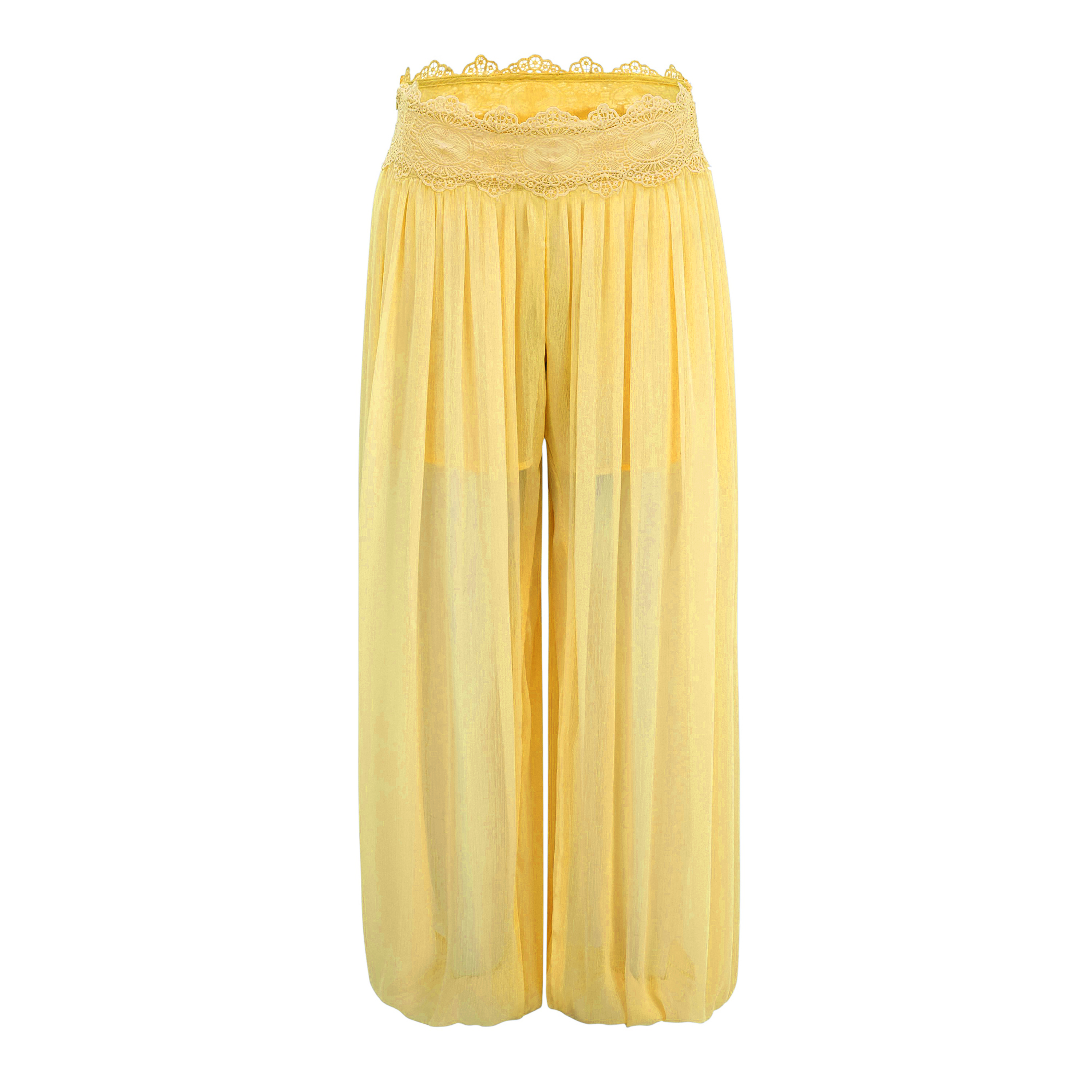 Kamila Yellow Lace Trim Ruched Top & Trouser Set