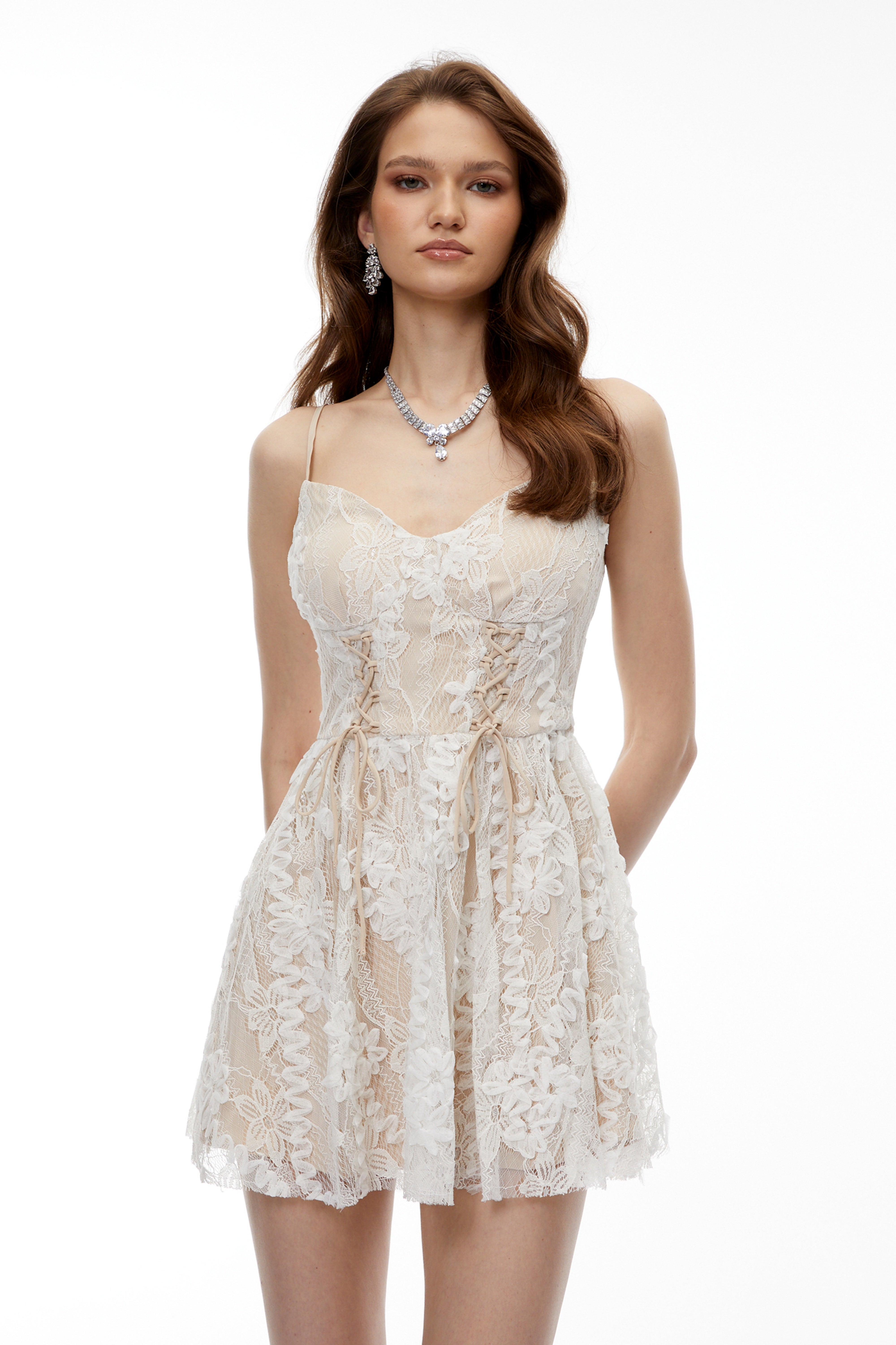 Karelle Neutral Floral Lace Mini Dress (Final Sale)