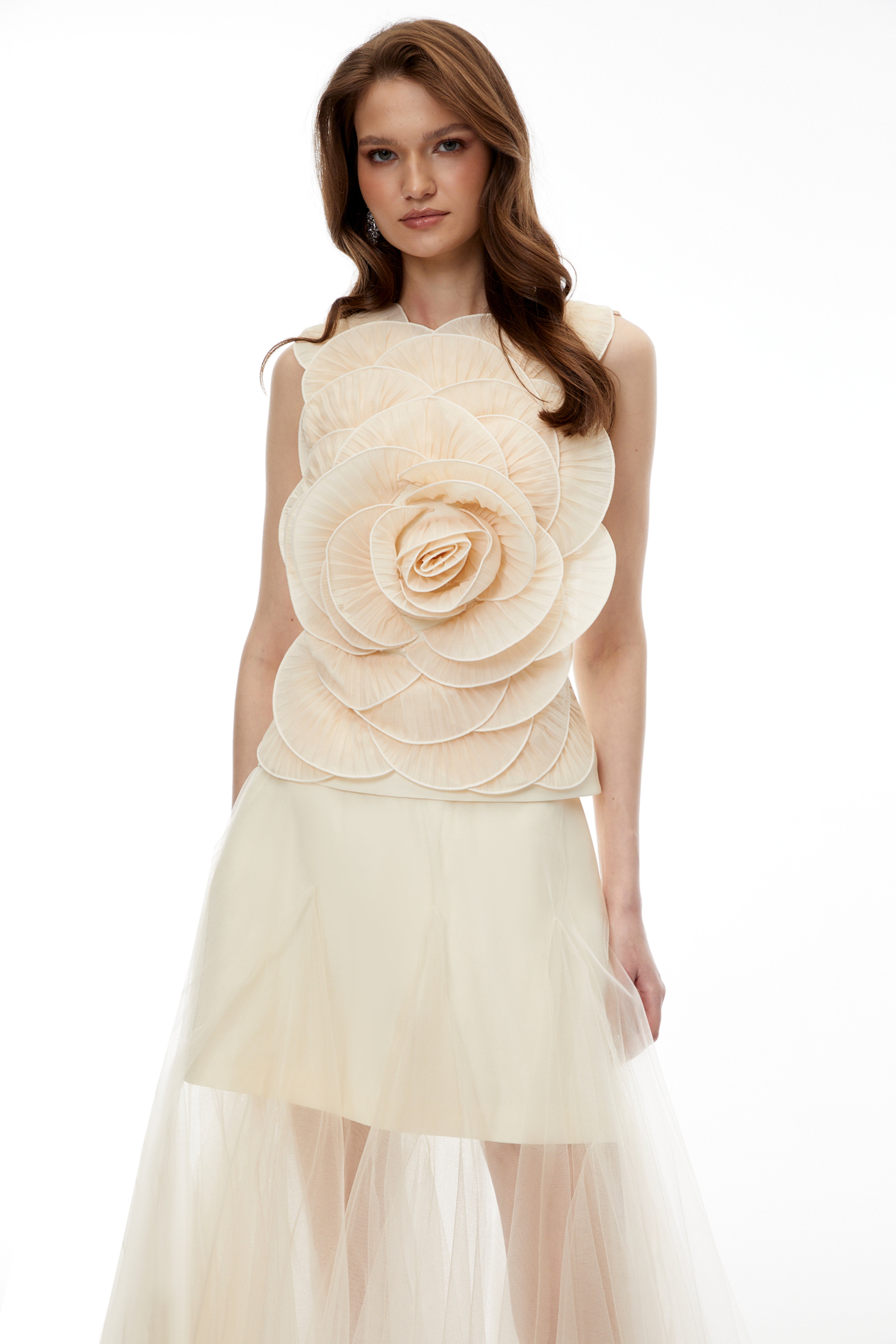 Karima Neutral 3D Petal Top & Skirt Set (Final Sale-US Only)