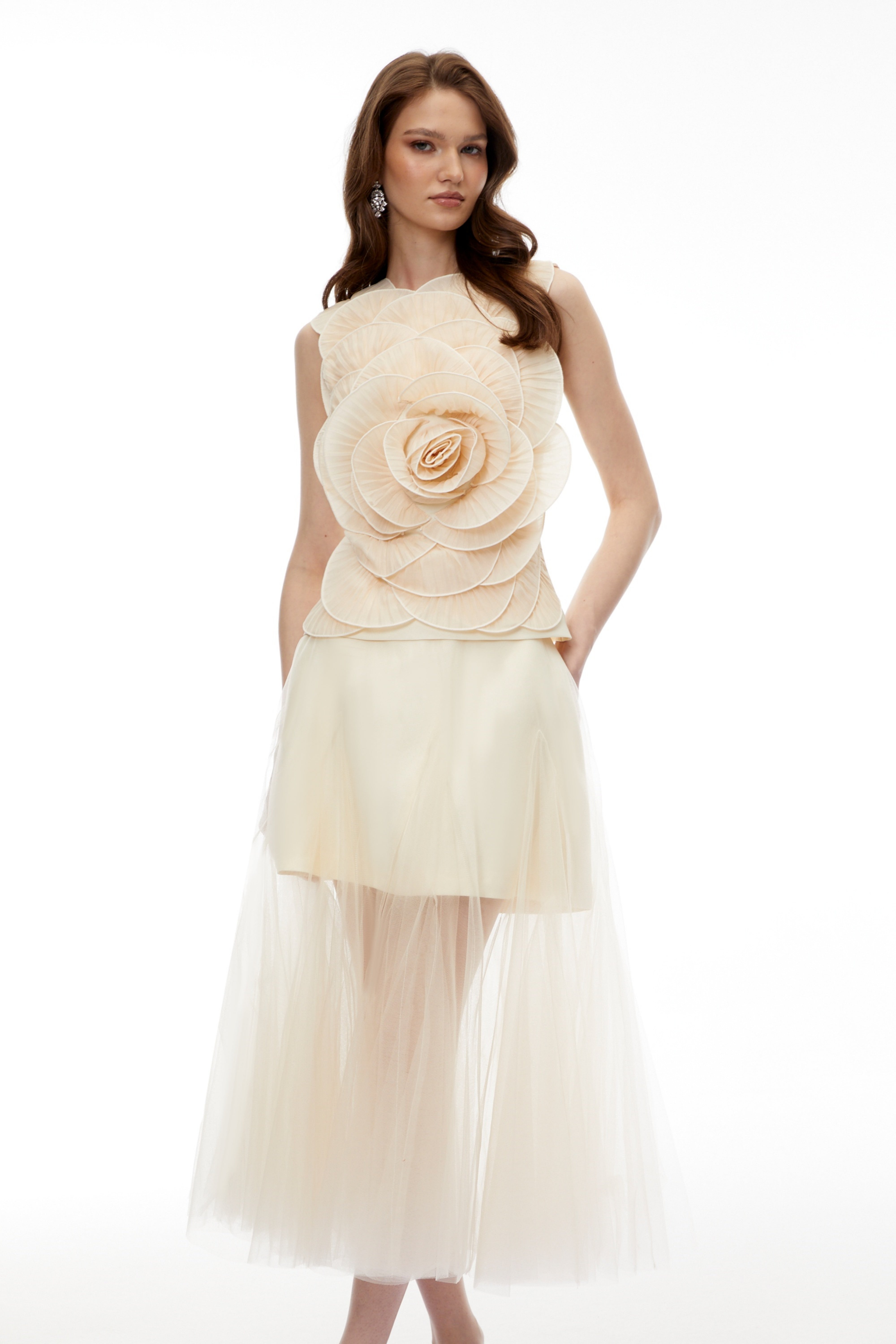 Karima Neutral 3D Petal Top & Skirt Set (Final Sale-US Only)