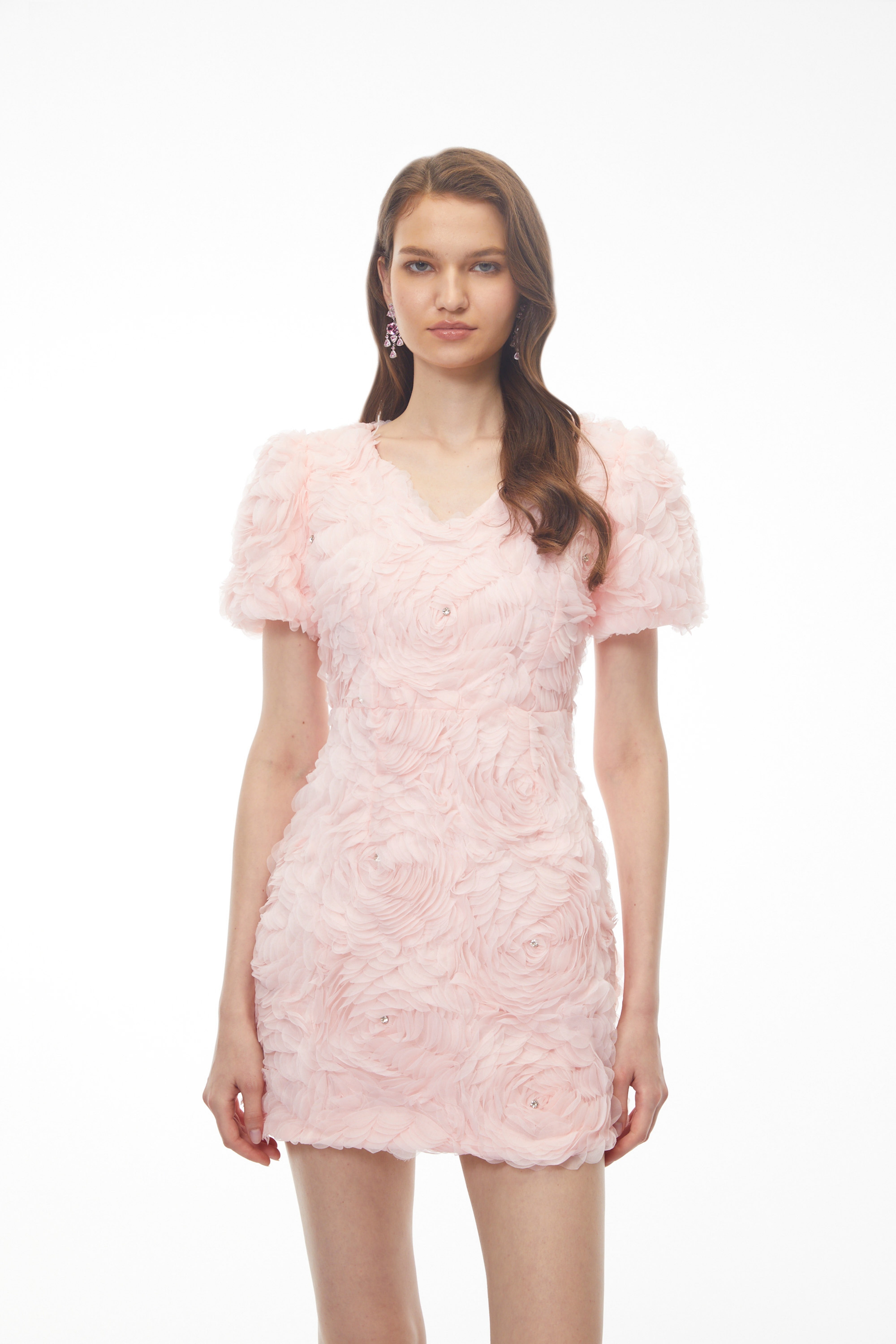 Katarina Pink Puff Sleeve V-Neck Mini Dress with 3D Florals (Final Sale)