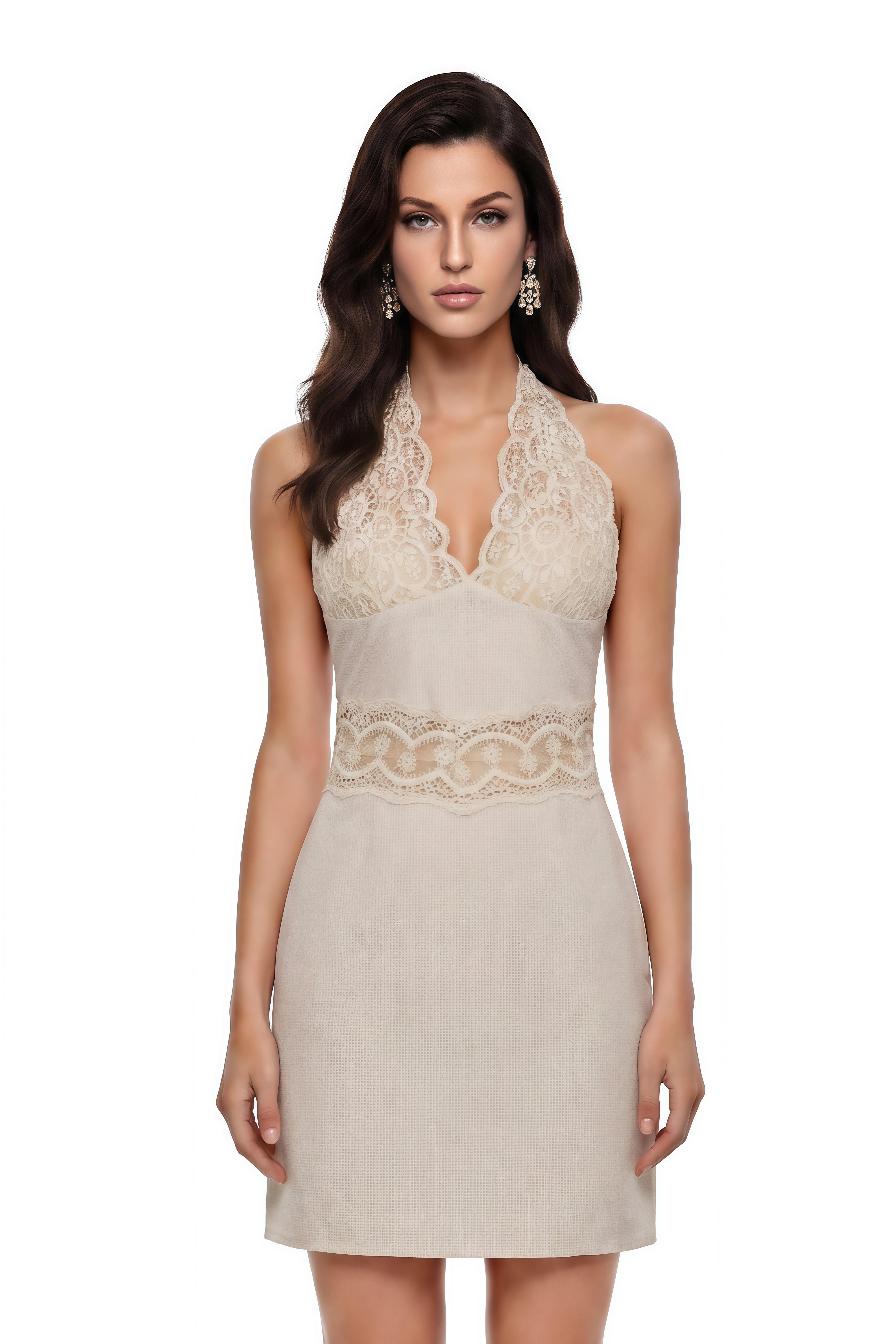Ella Neutral Halterneck Lace Panel Mini Dress