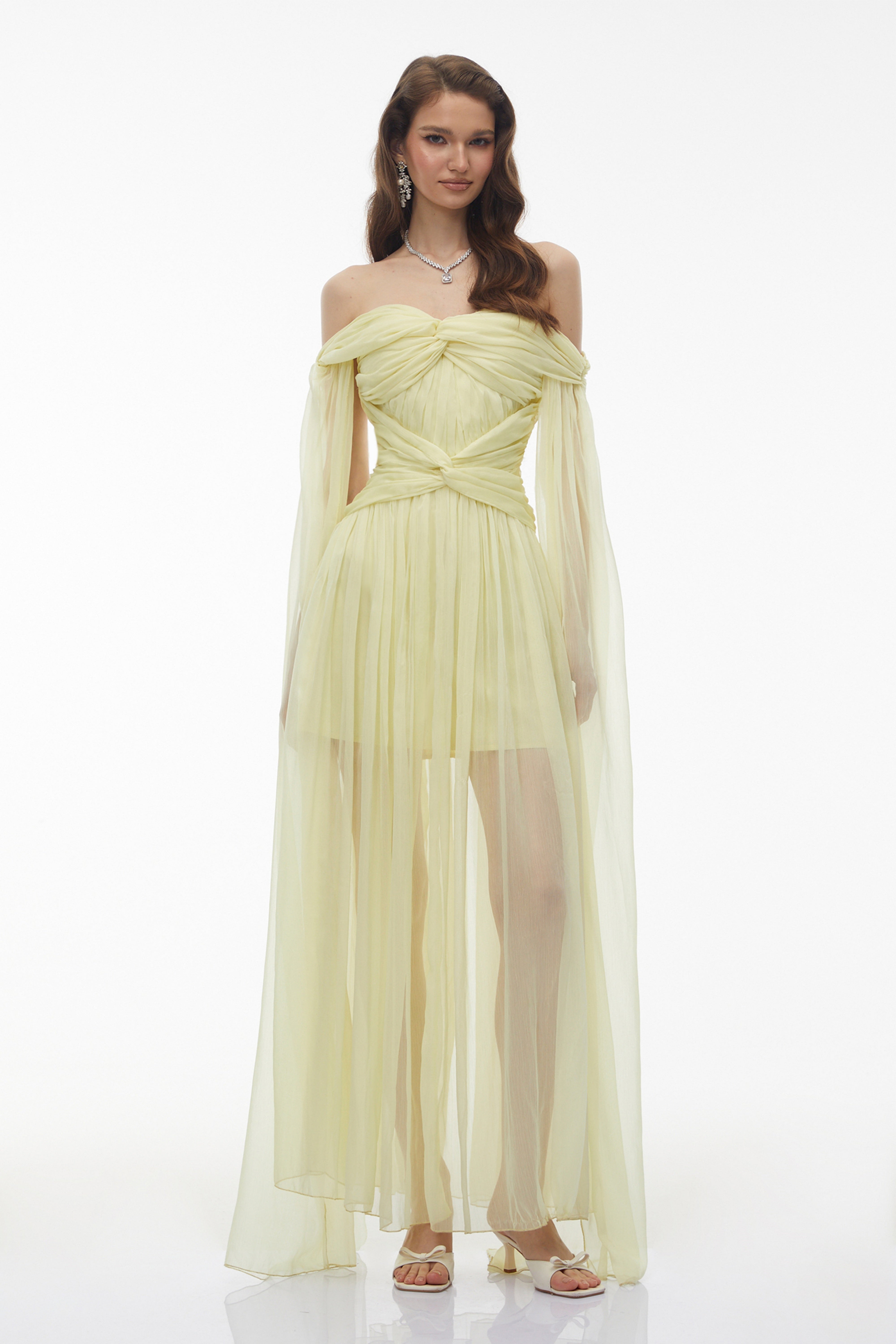 Katie Yellow Off Shoulder Ruched Twist Maxi Dress