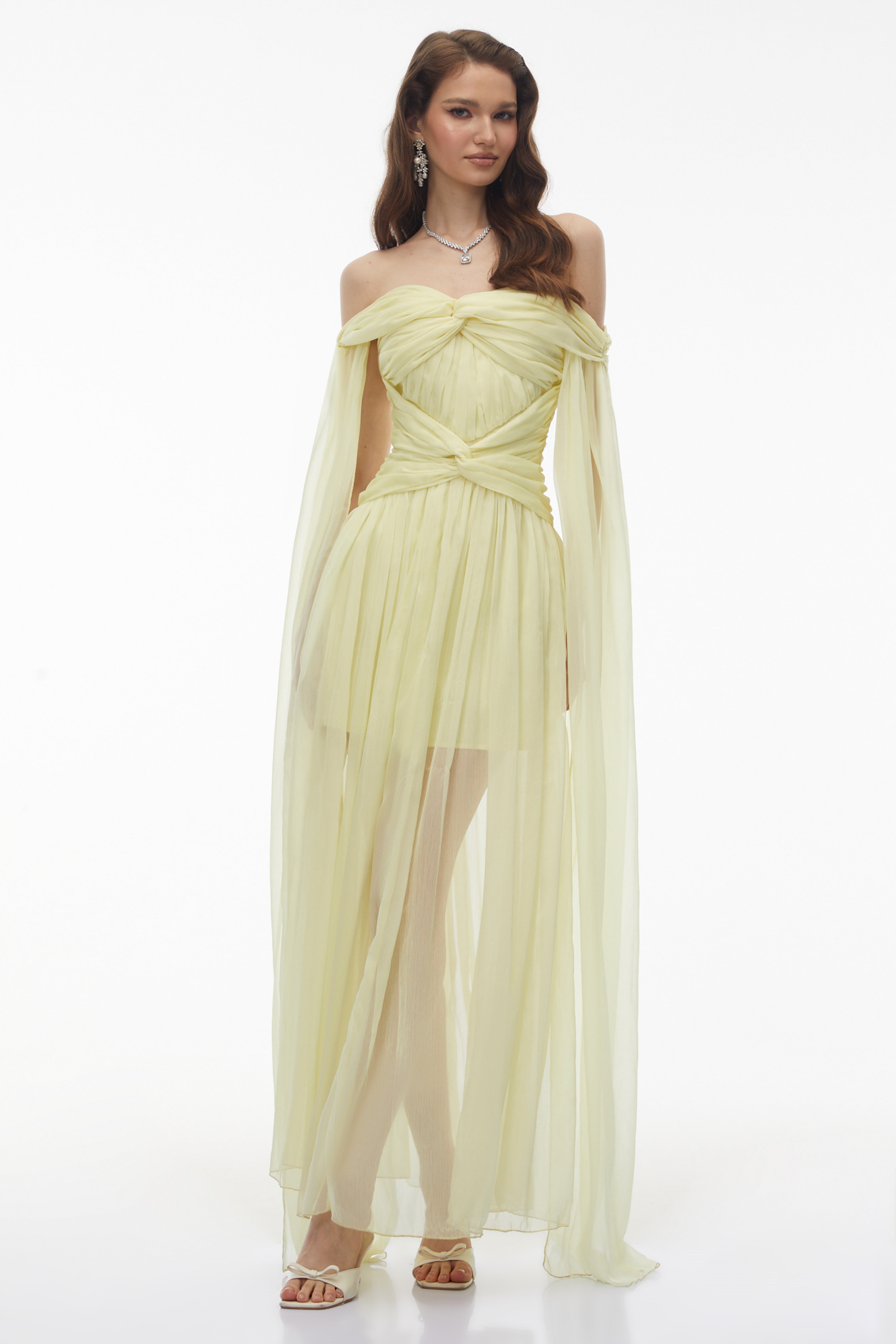 Katie Yellow Off Shoulder Ruched Twist Maxi Dress