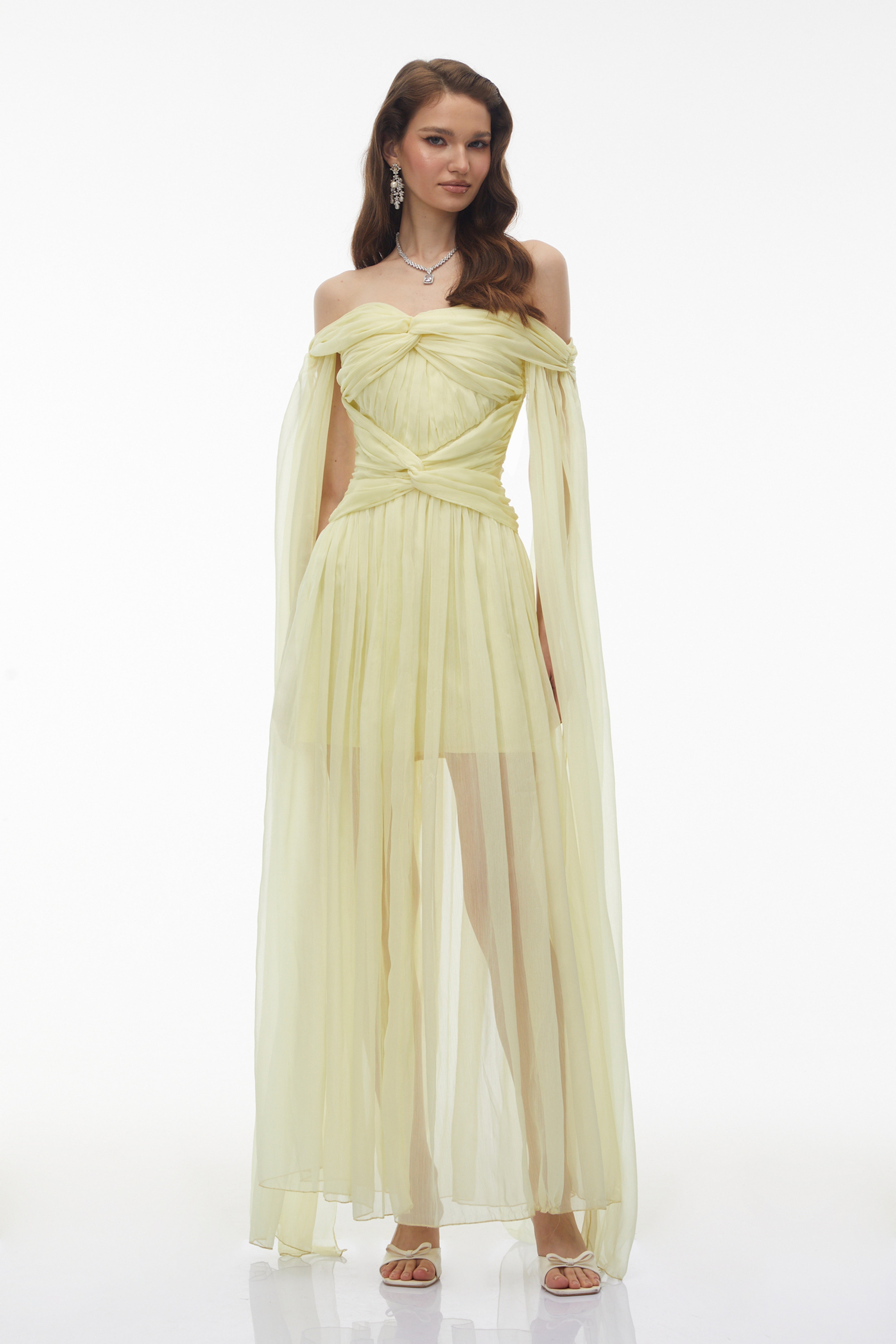 Katie Yellow Off Shoulder Ruched Twist Maxi Dress