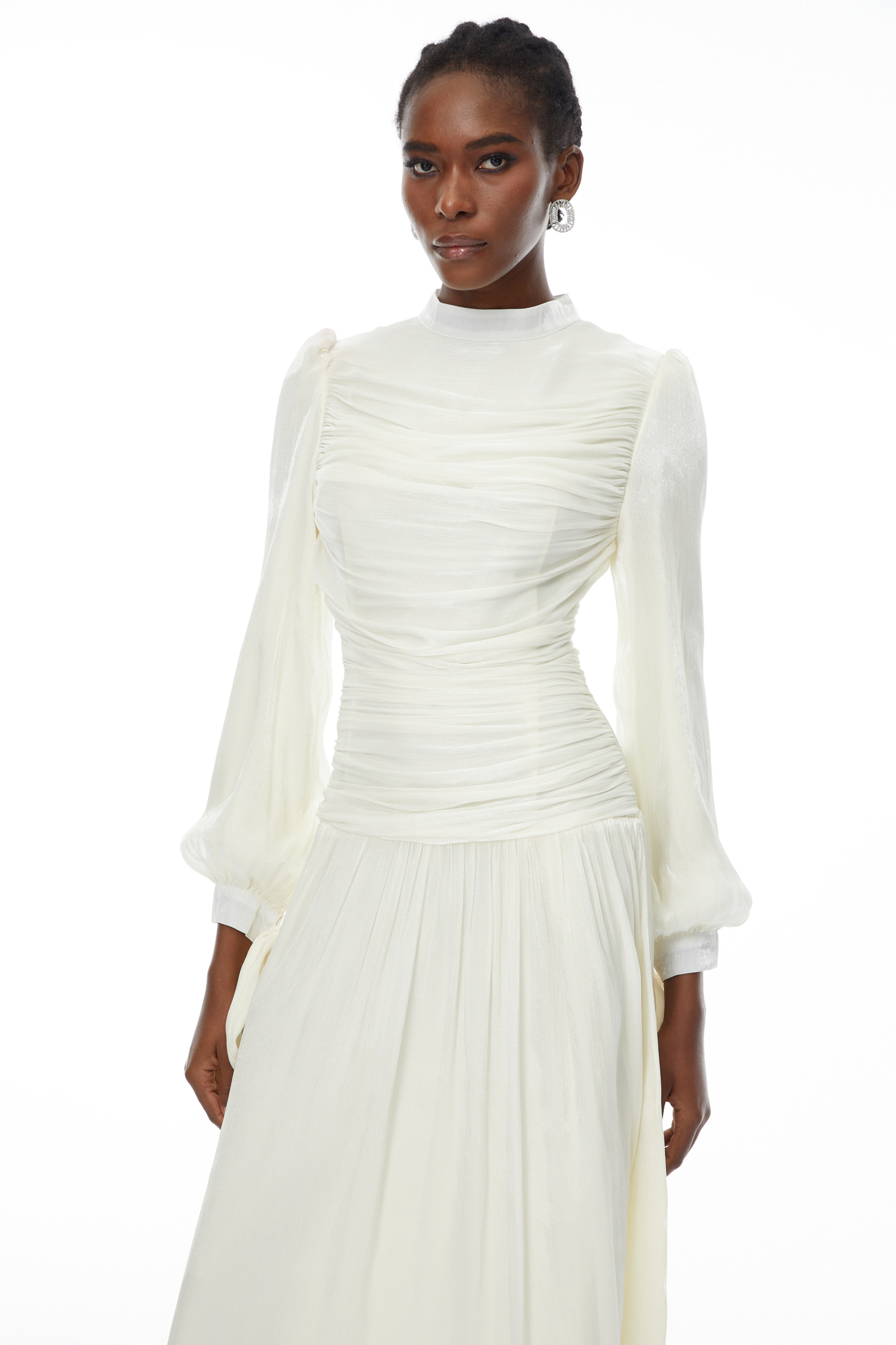 Katrín White Glossy Gathered Maxi Dress (Final Sale-US Only)