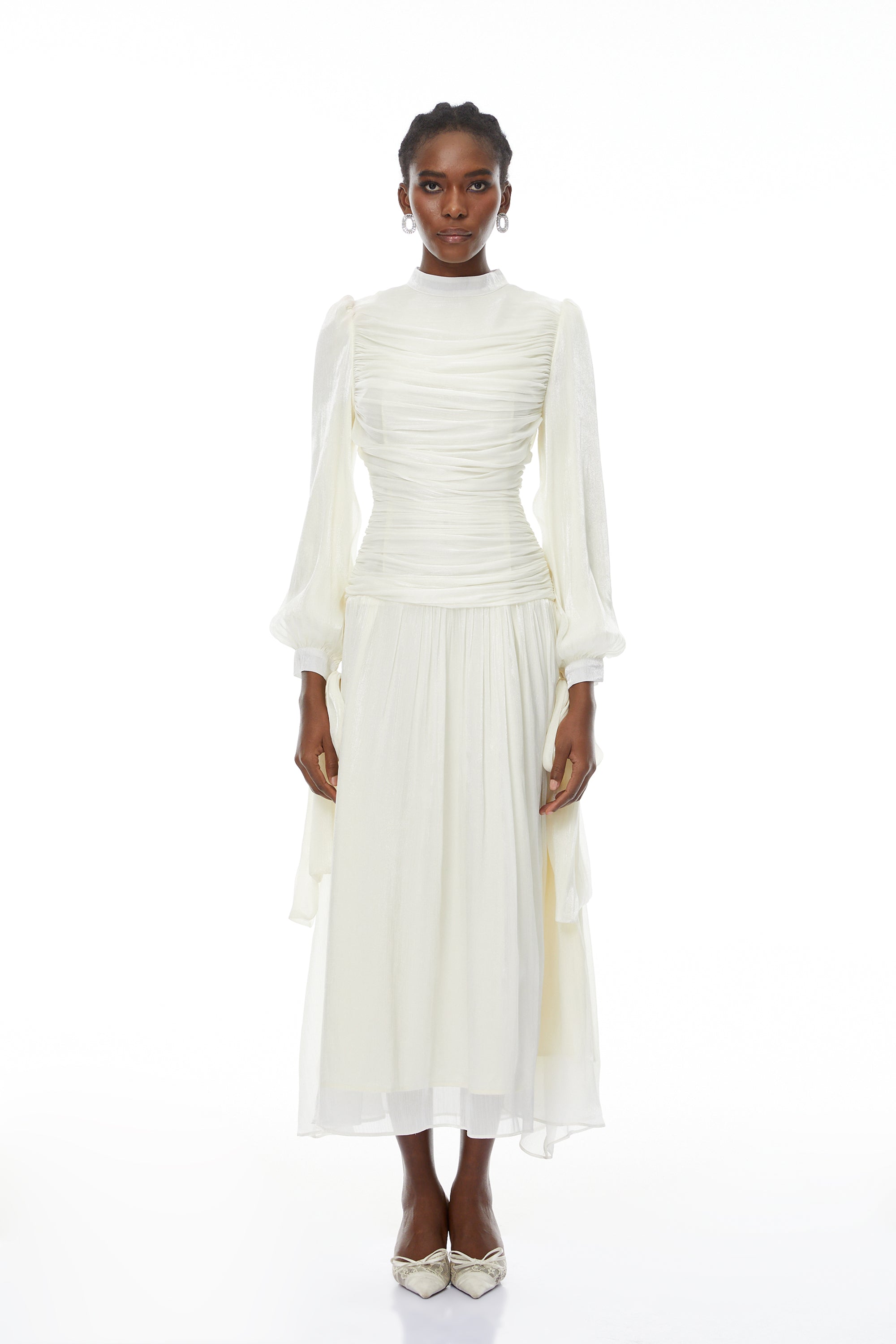 Katrín White Glossy Gathered Maxi Dress (Final Sale-US Only)