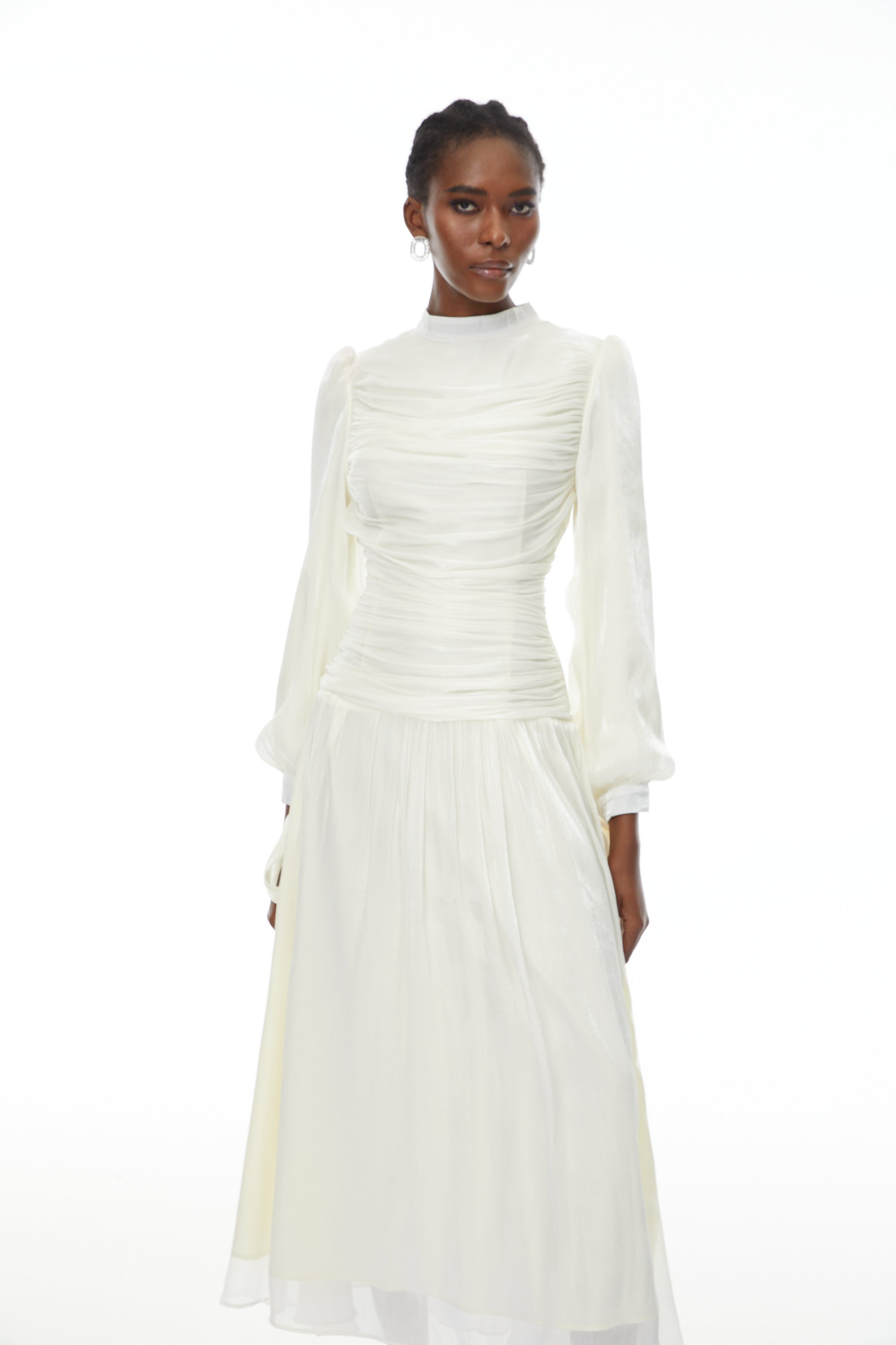 Katrín White Glossy Gathered Maxi Dress (Final Sale-US Only)