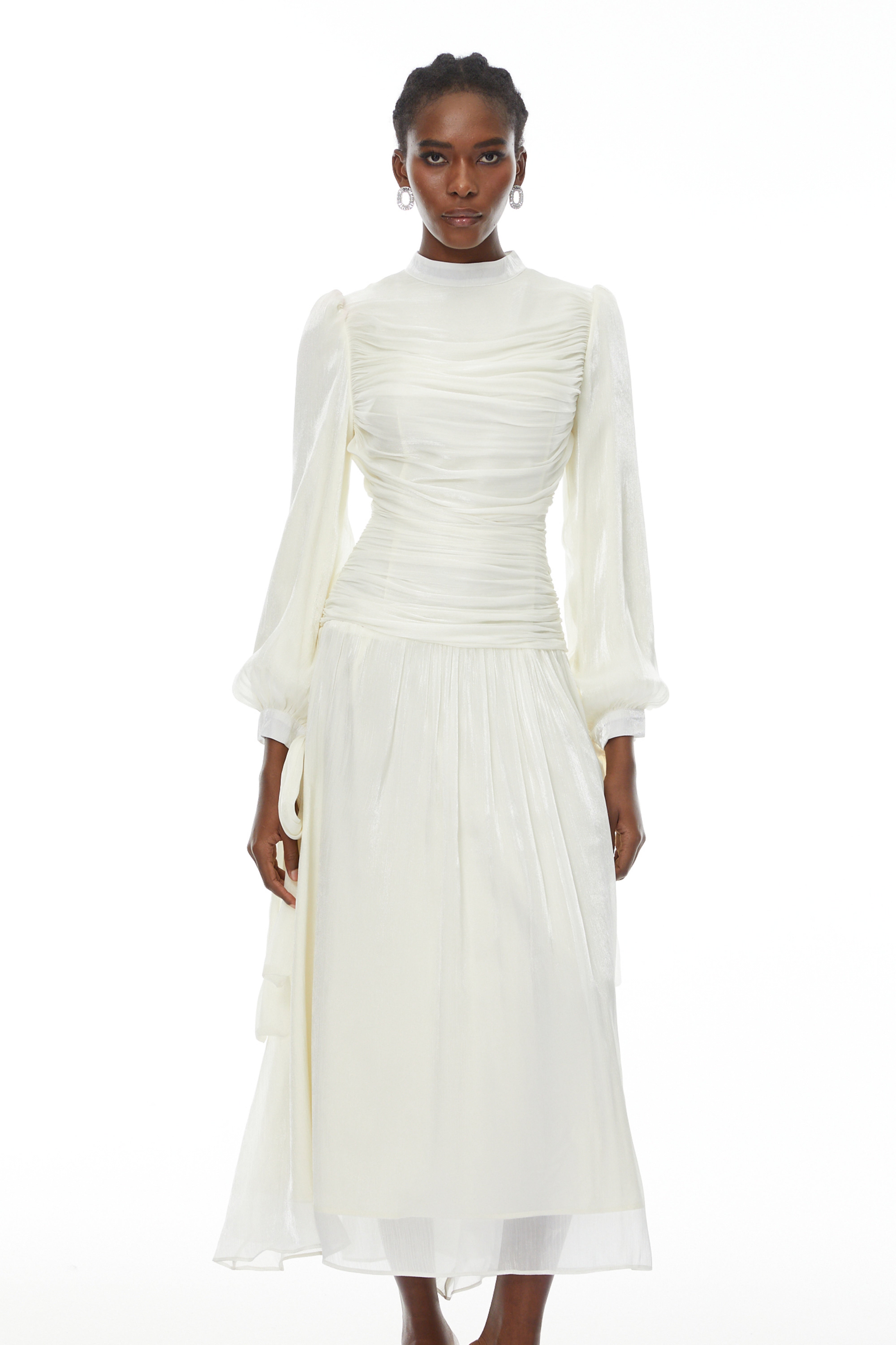 Katrín White Glossy Gathered Maxi Dress (Final Sale-US Only)