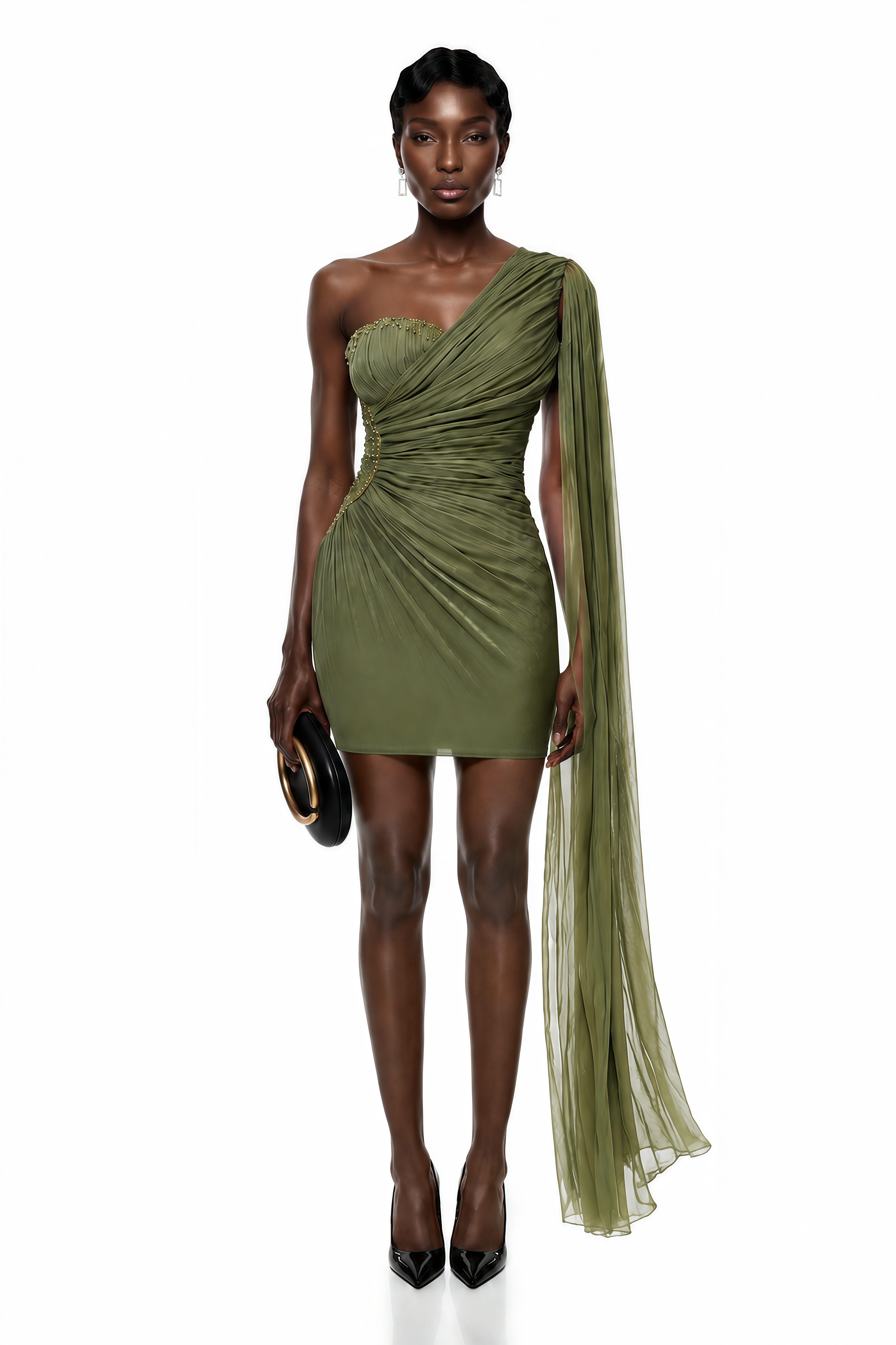 Olive green one-shoulder mini dress with a draped shoulder cape
