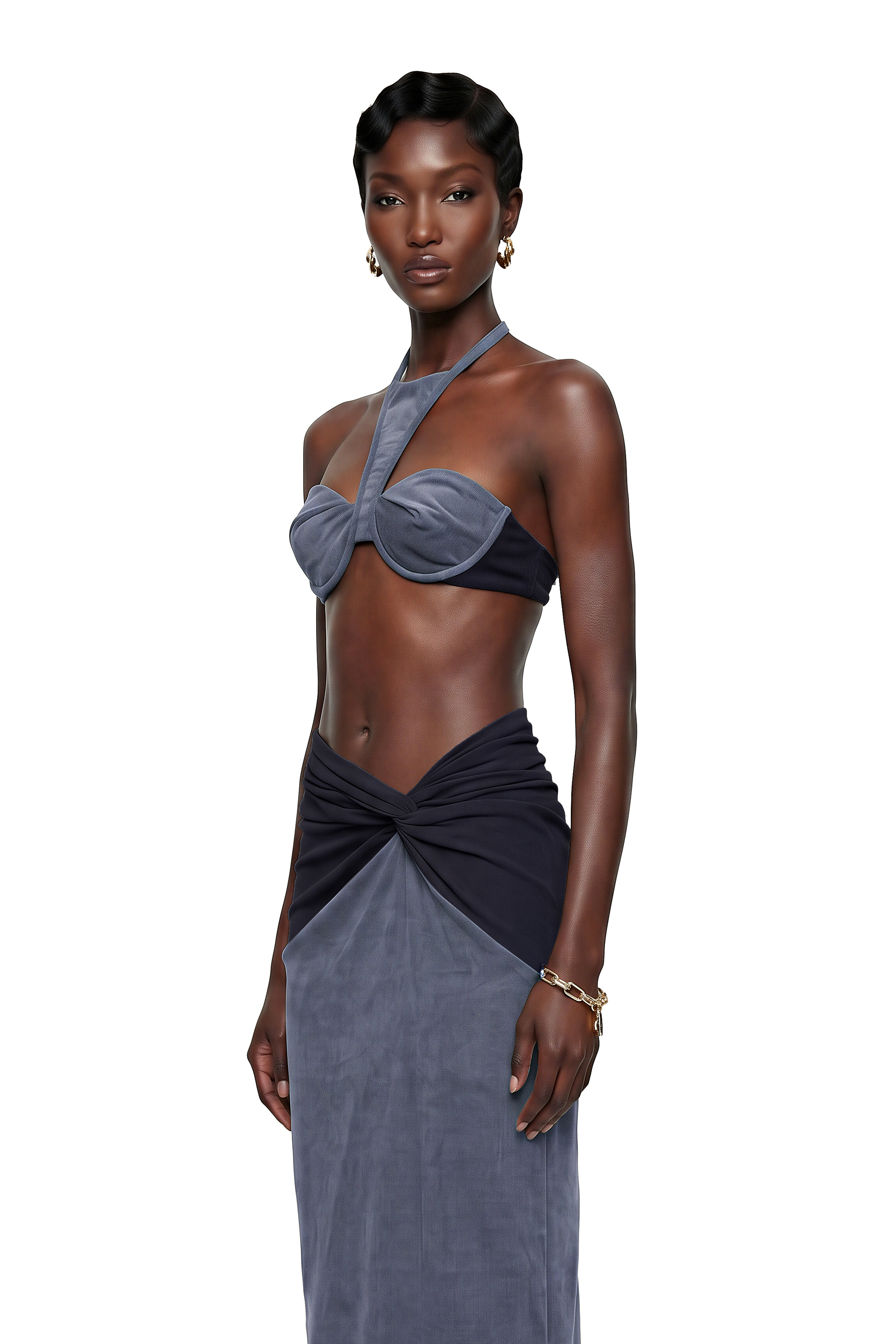 Kerenza Grey Corduroy Twist Front Top & Skirt Set