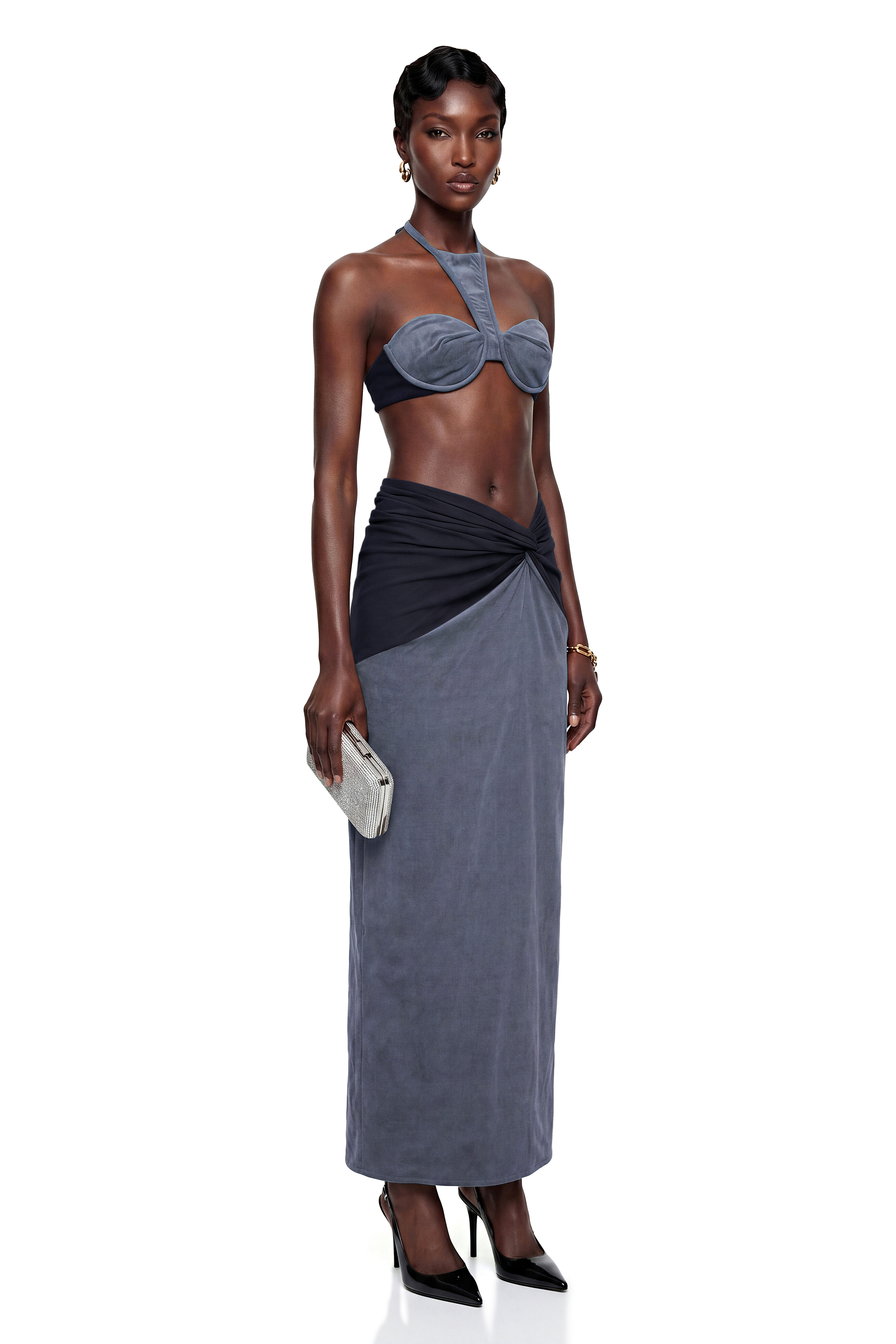 Kerenza Grey Corduroy Twist Front Top & Skirt Set