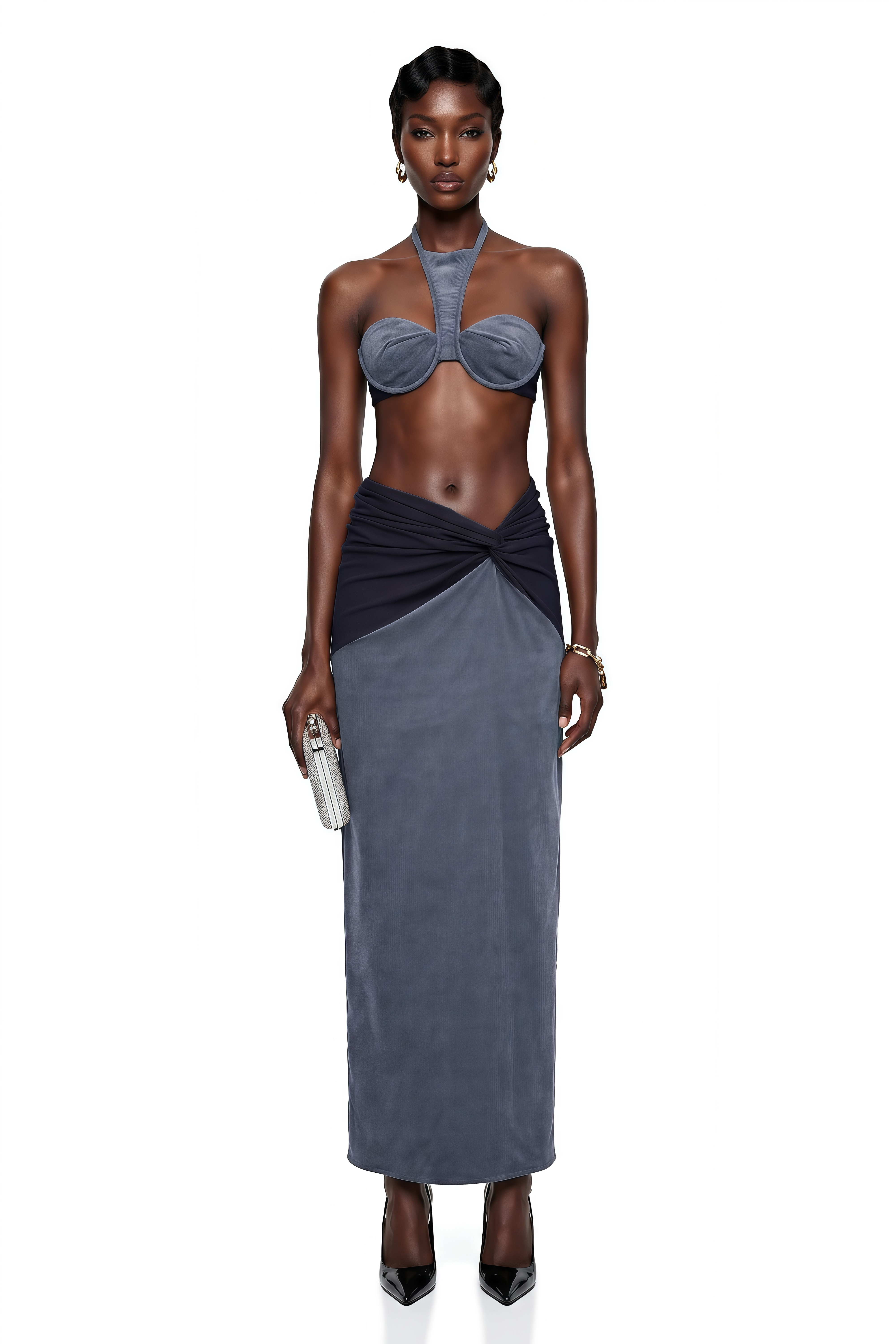 Kerenza Grey Corduroy Twist Front Top & Skirt Set