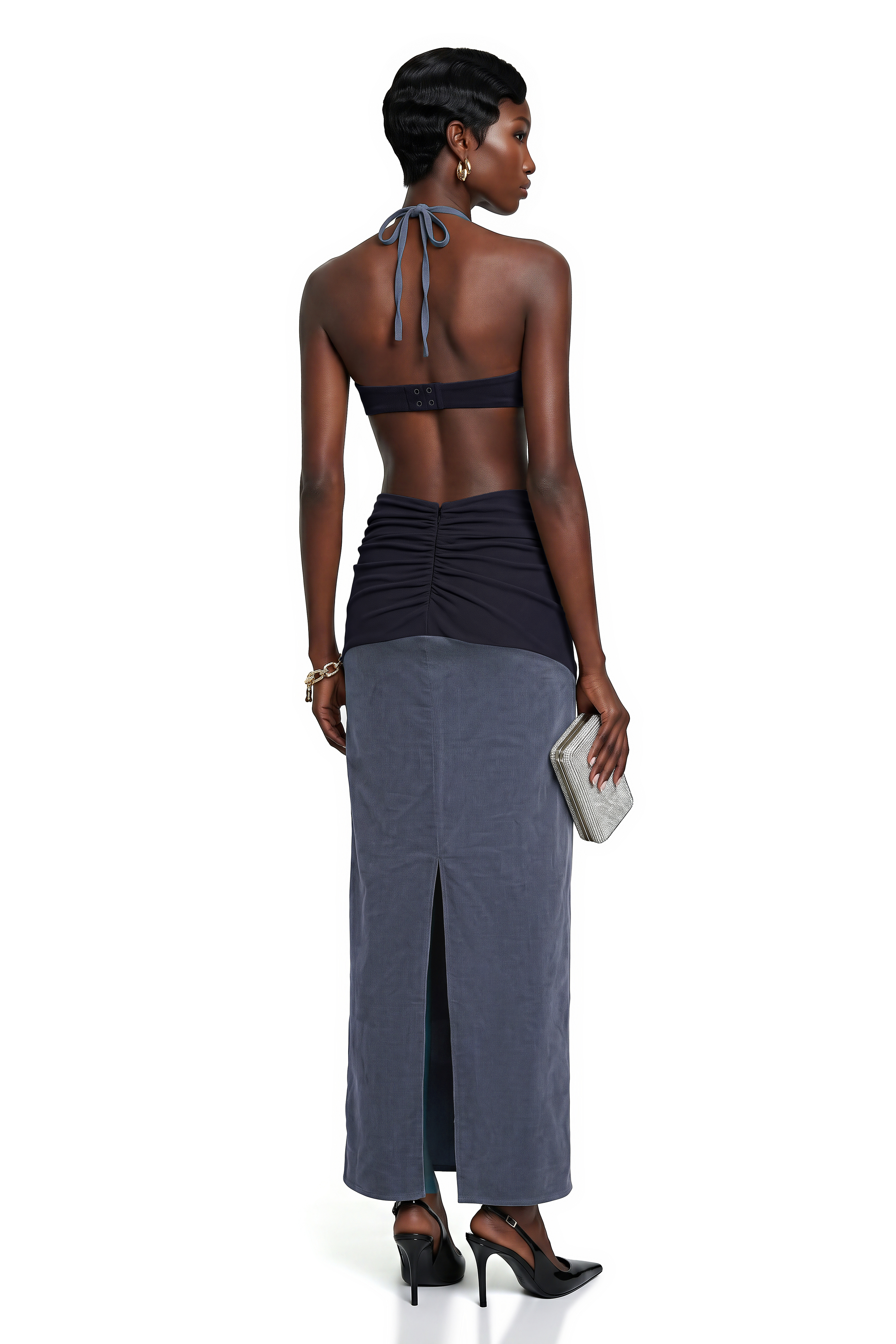 Kerenza Grey Corduroy Twist Front Top & Skirt Set