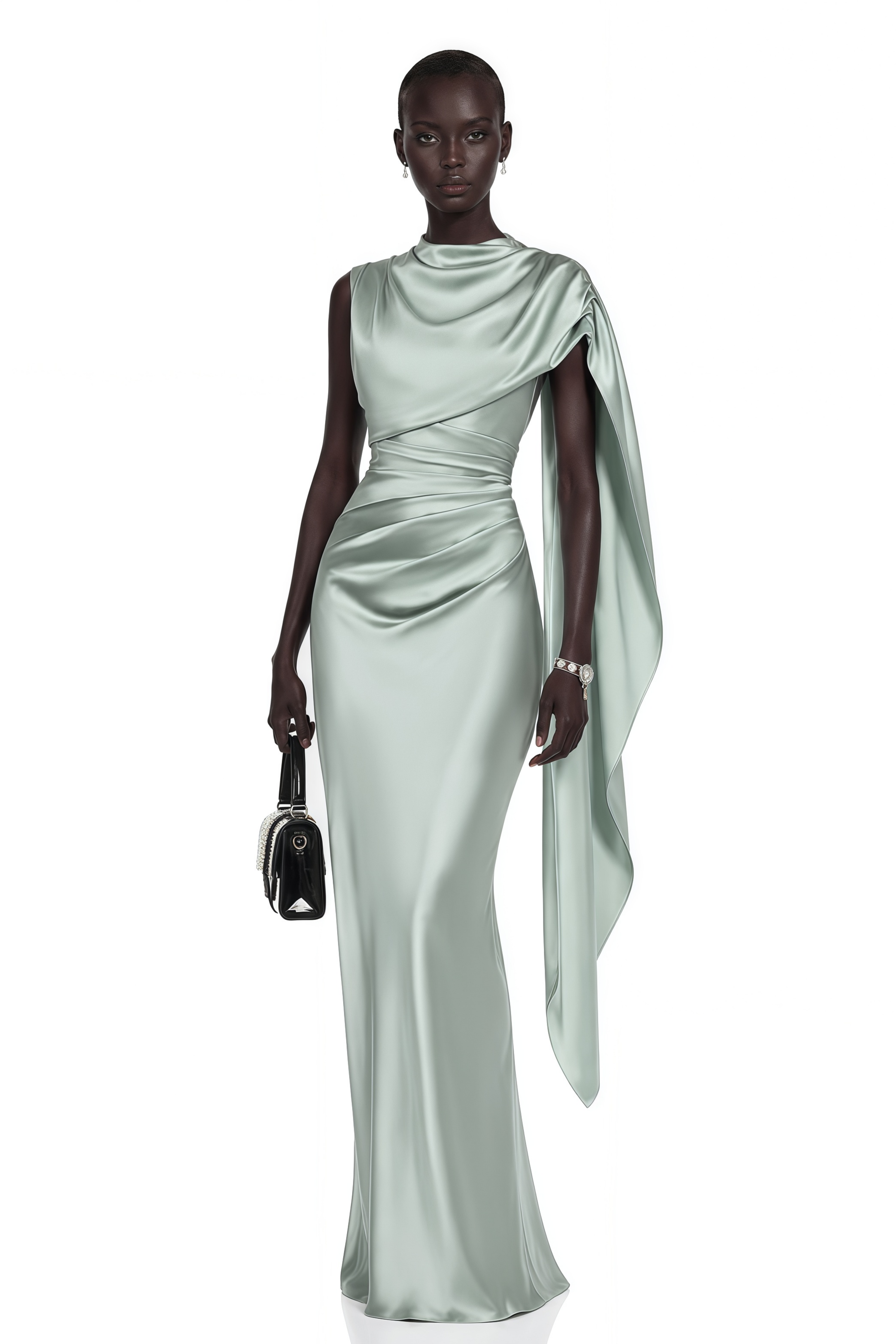 Kerttu Sage Green Ruched Maxi Dress with Asymmetrical Sleeves