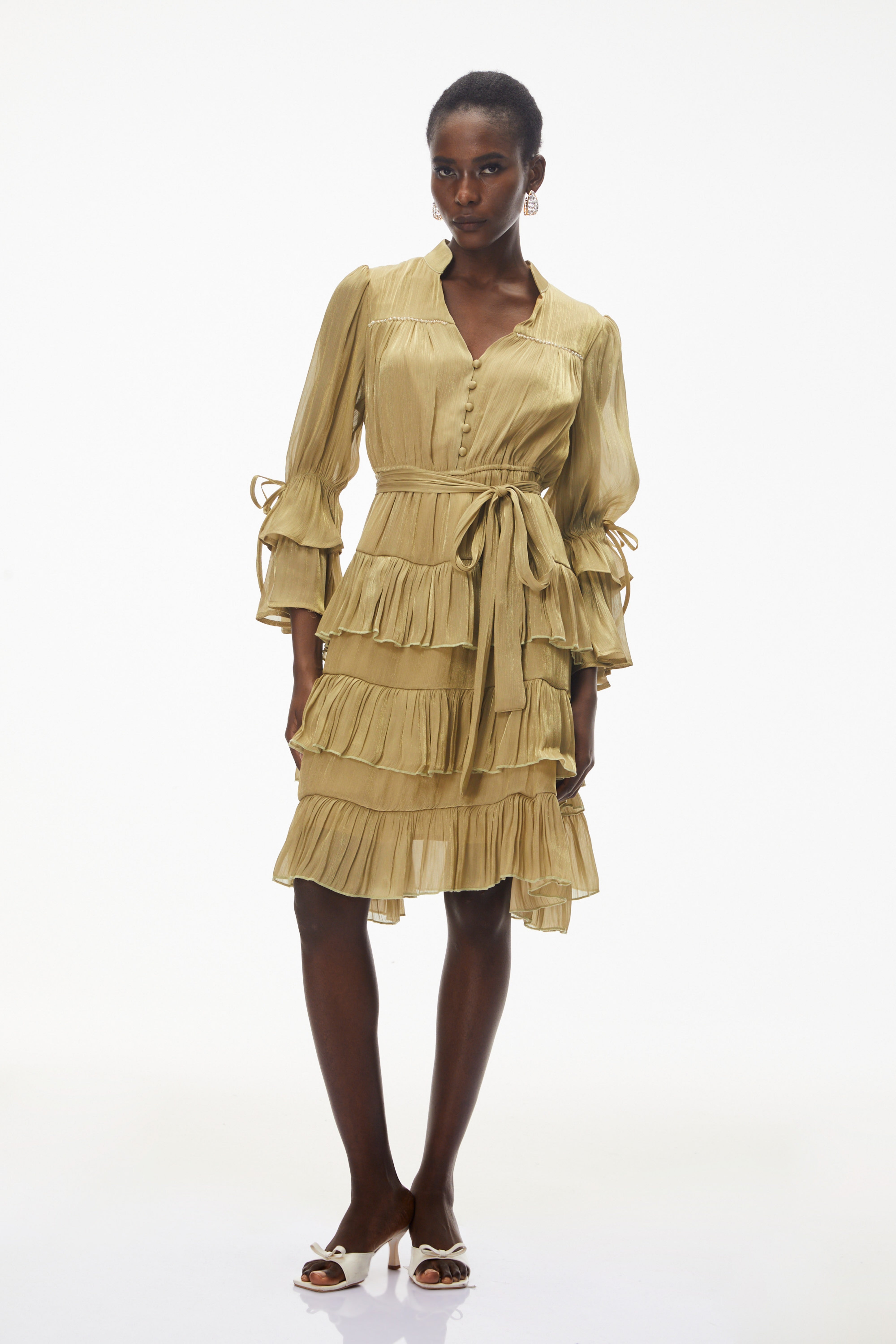 Kirke Green Ruffled Mini Dress with Bow (Final Sale)