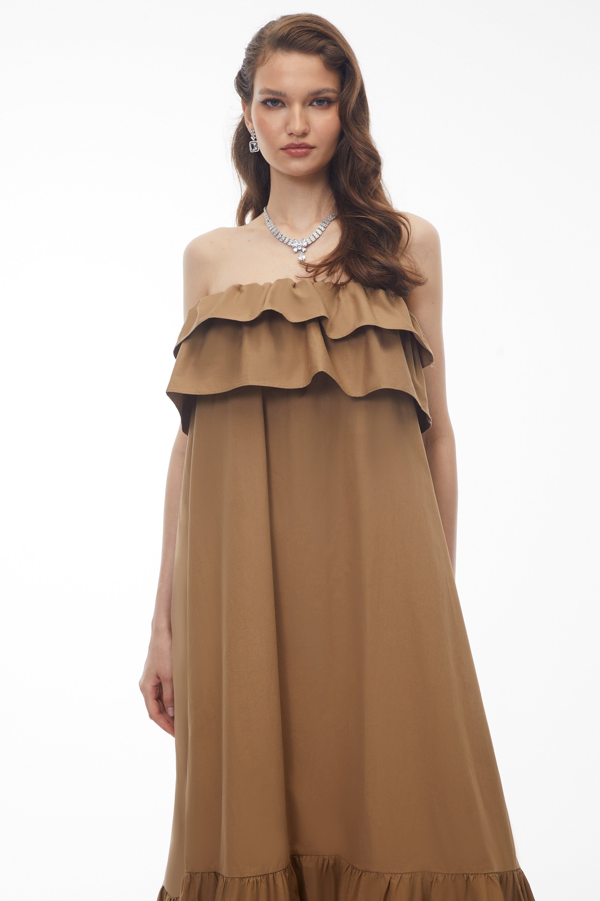 Robe midi à volants superposés Laelia Camel (Vente définitive)