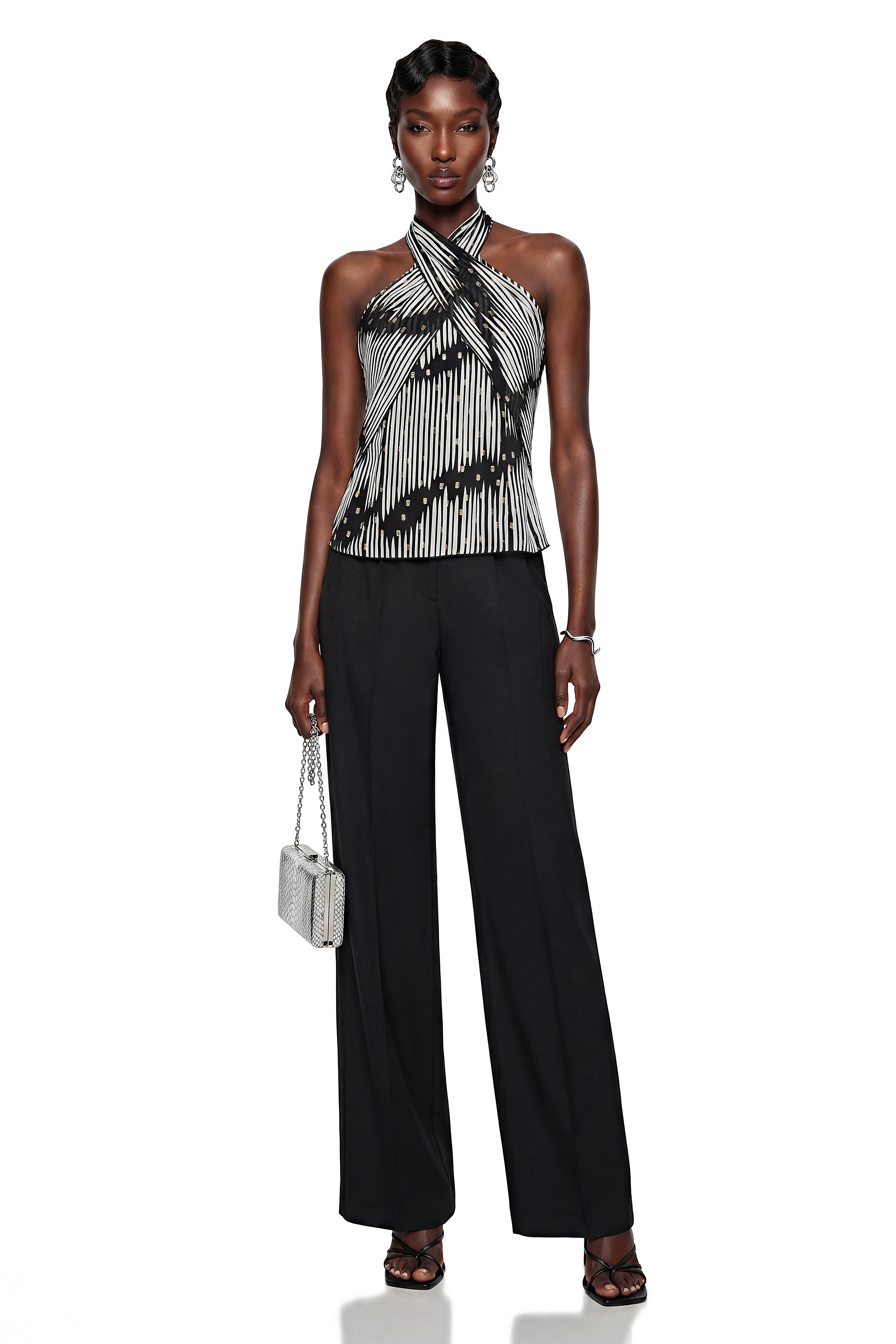 Lamia Black Halterneck Striped Twist Top