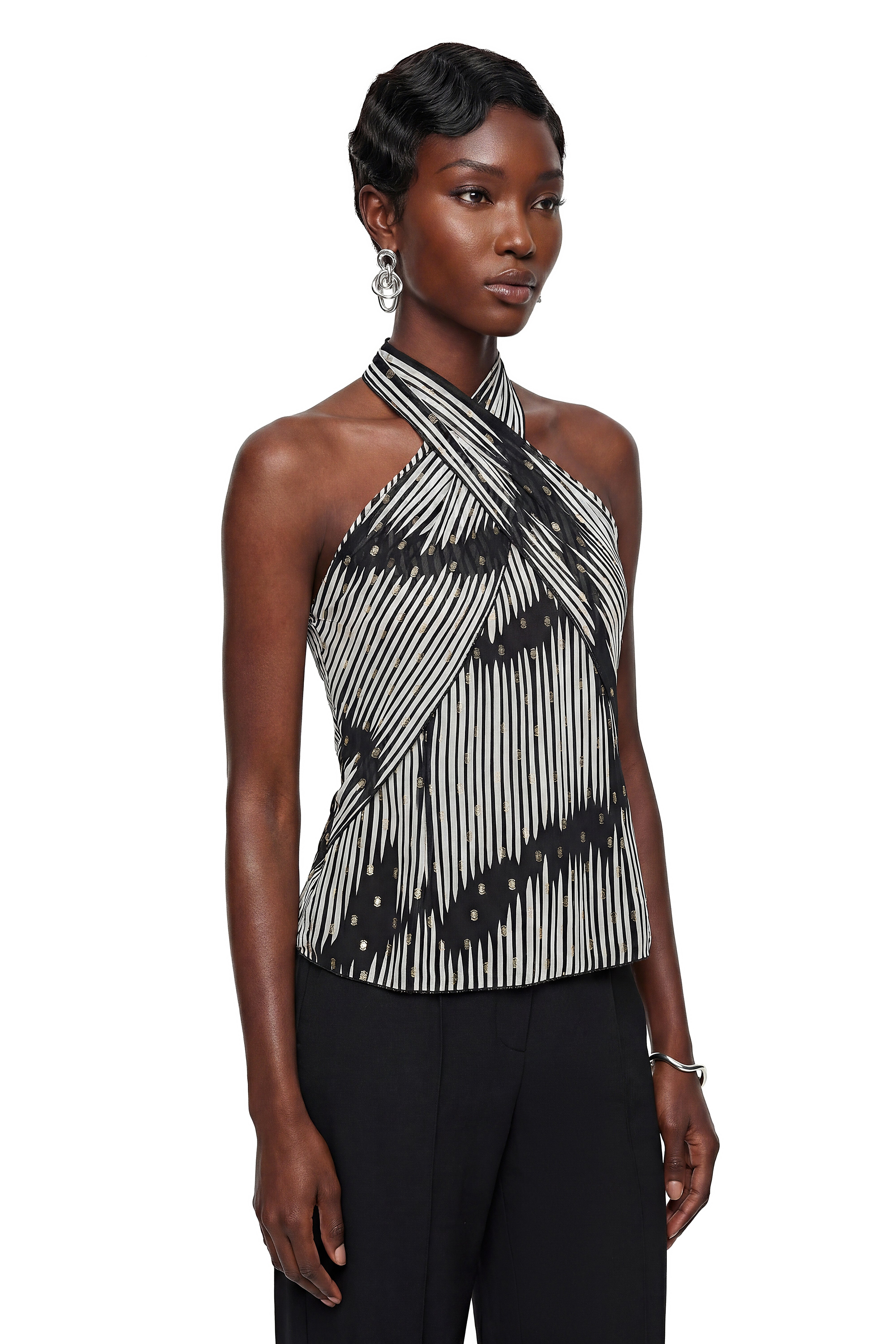 Lamia Black Halterneck Striped Twist Top
