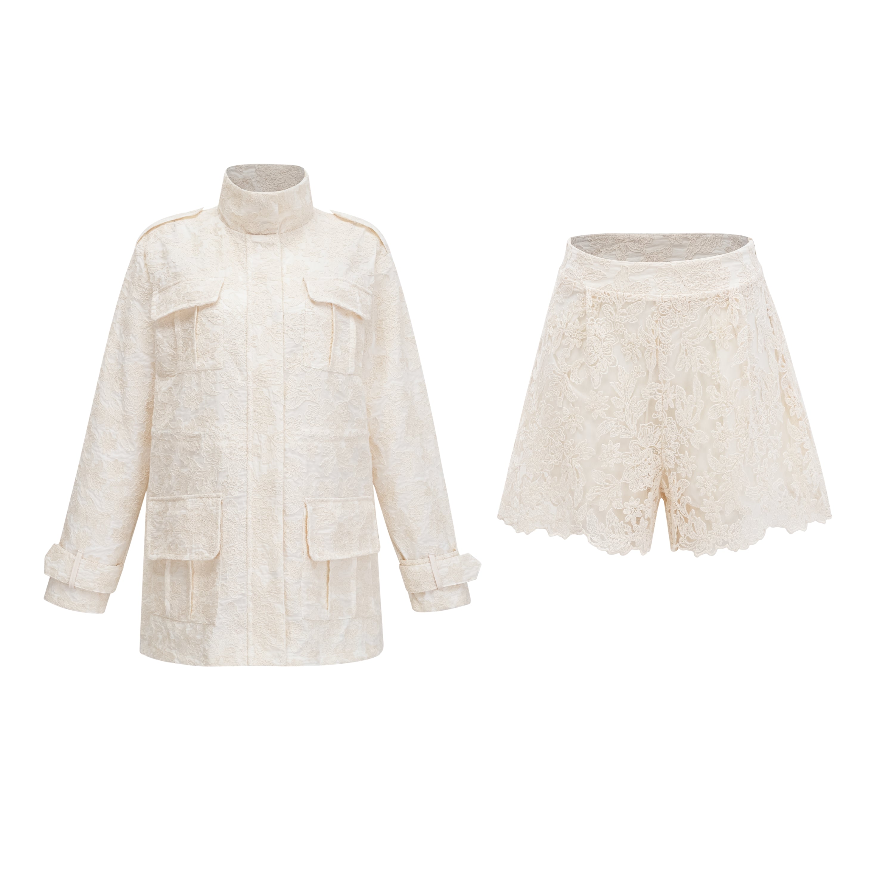 Laura Ivory Turtleneck Floral Lace Jacket & Shorts Set