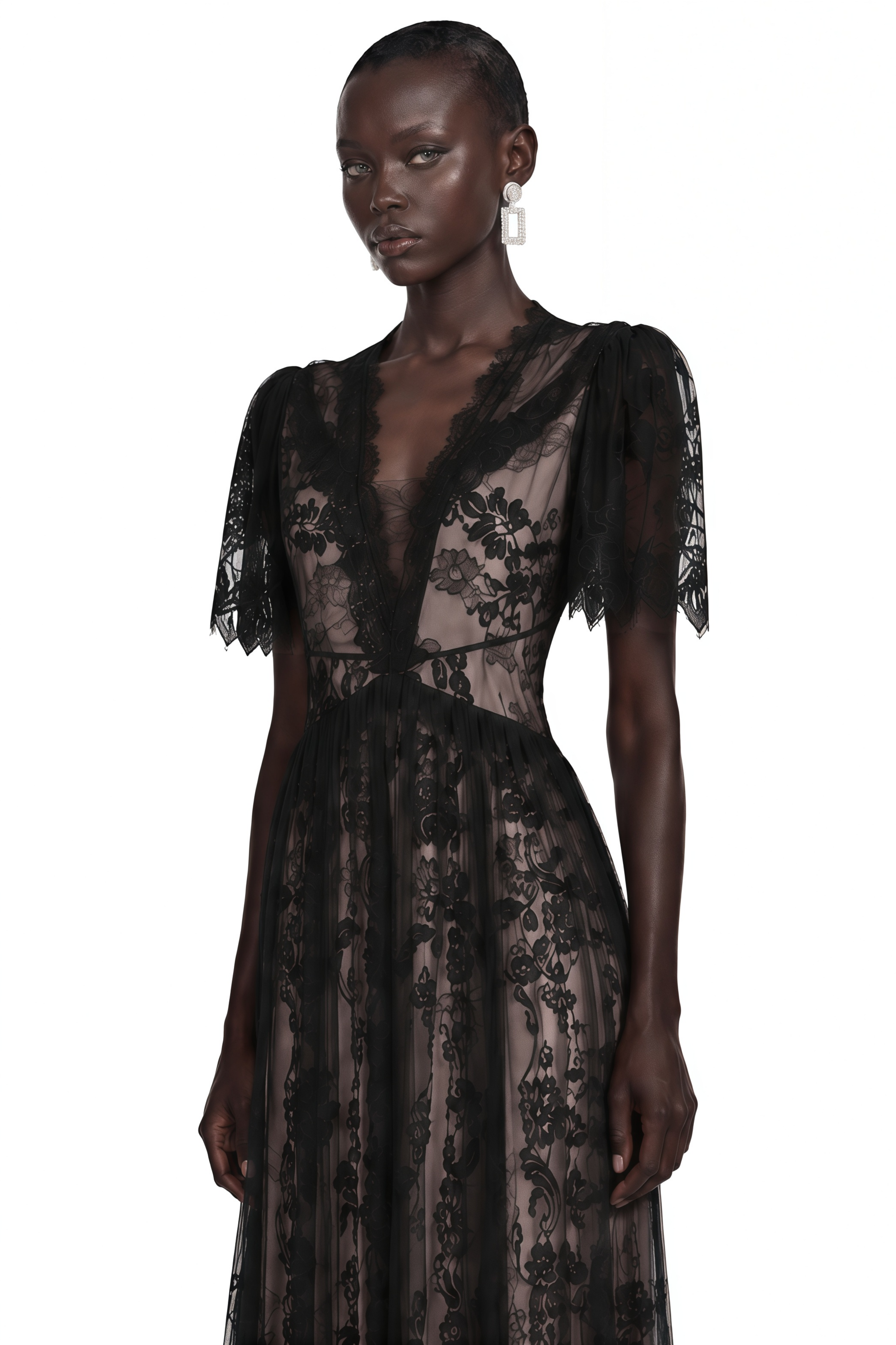 Lavinia Black Sheer Lace V-Neck Maxi Dress