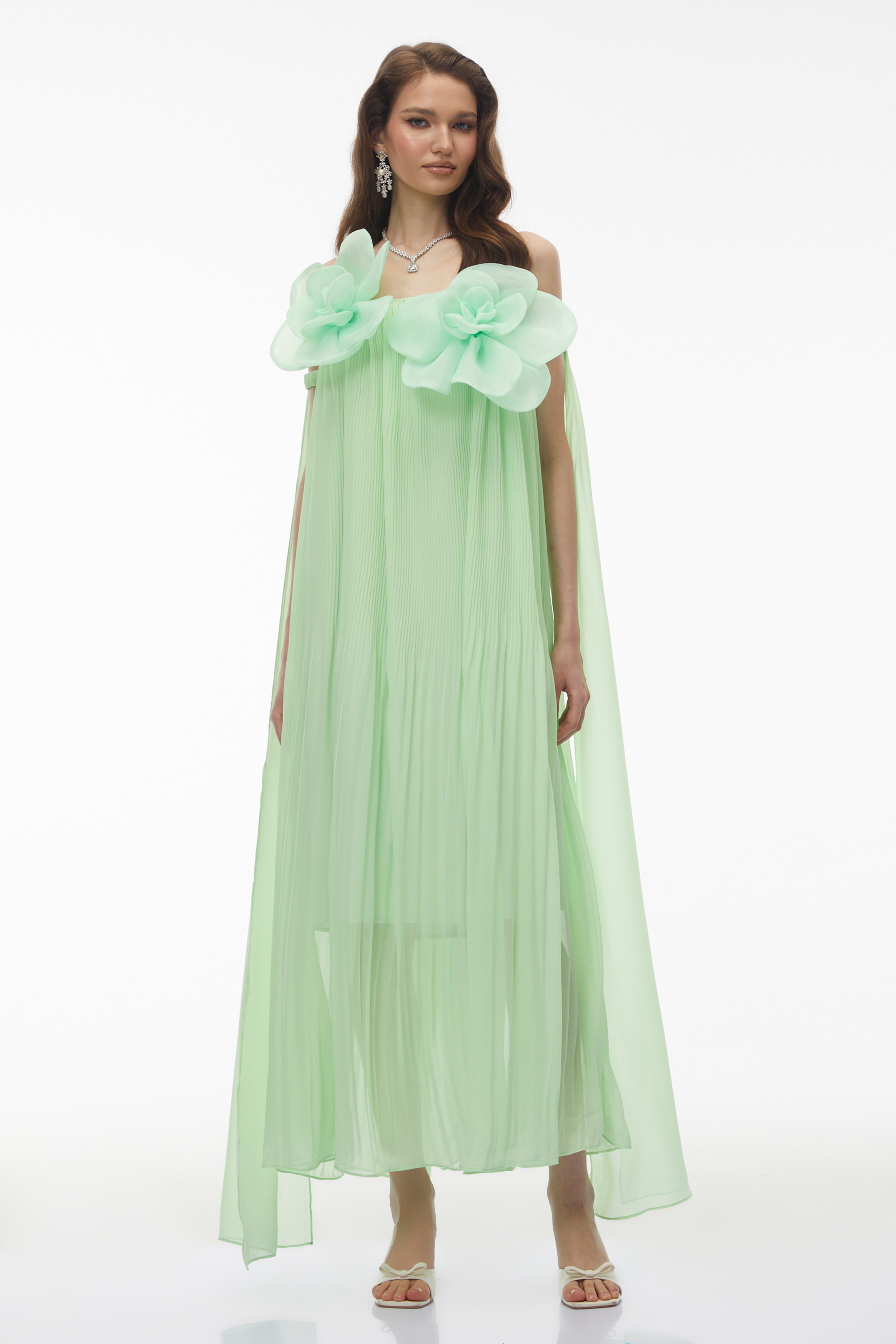Leah Green Off Shoulder Maxi Dress with 3D Florals