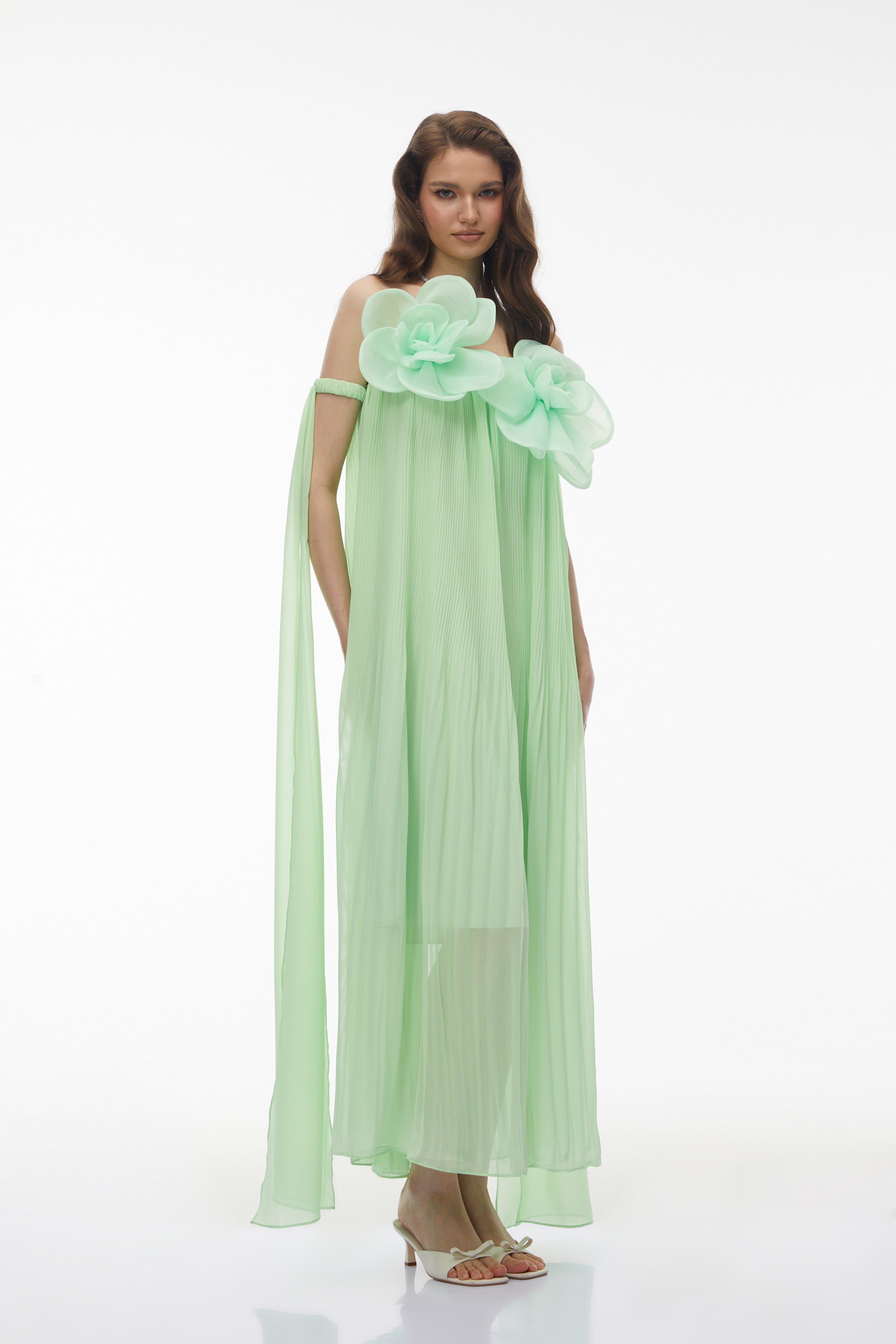 Leah Green Off Shoulder Maxi Dress with 3D Florals