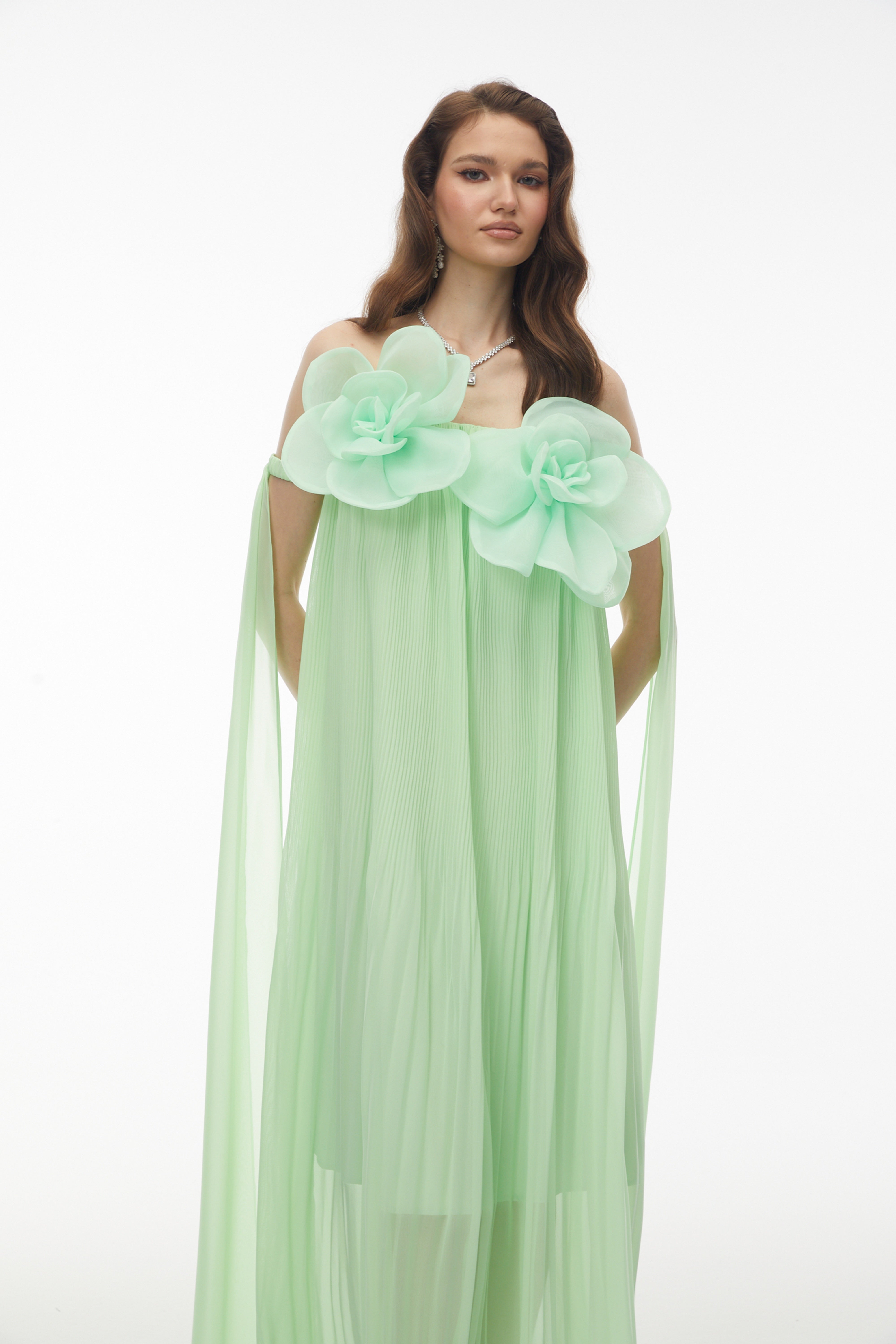 Leah Green Off Shoulder Maxi Dress with 3D Florals