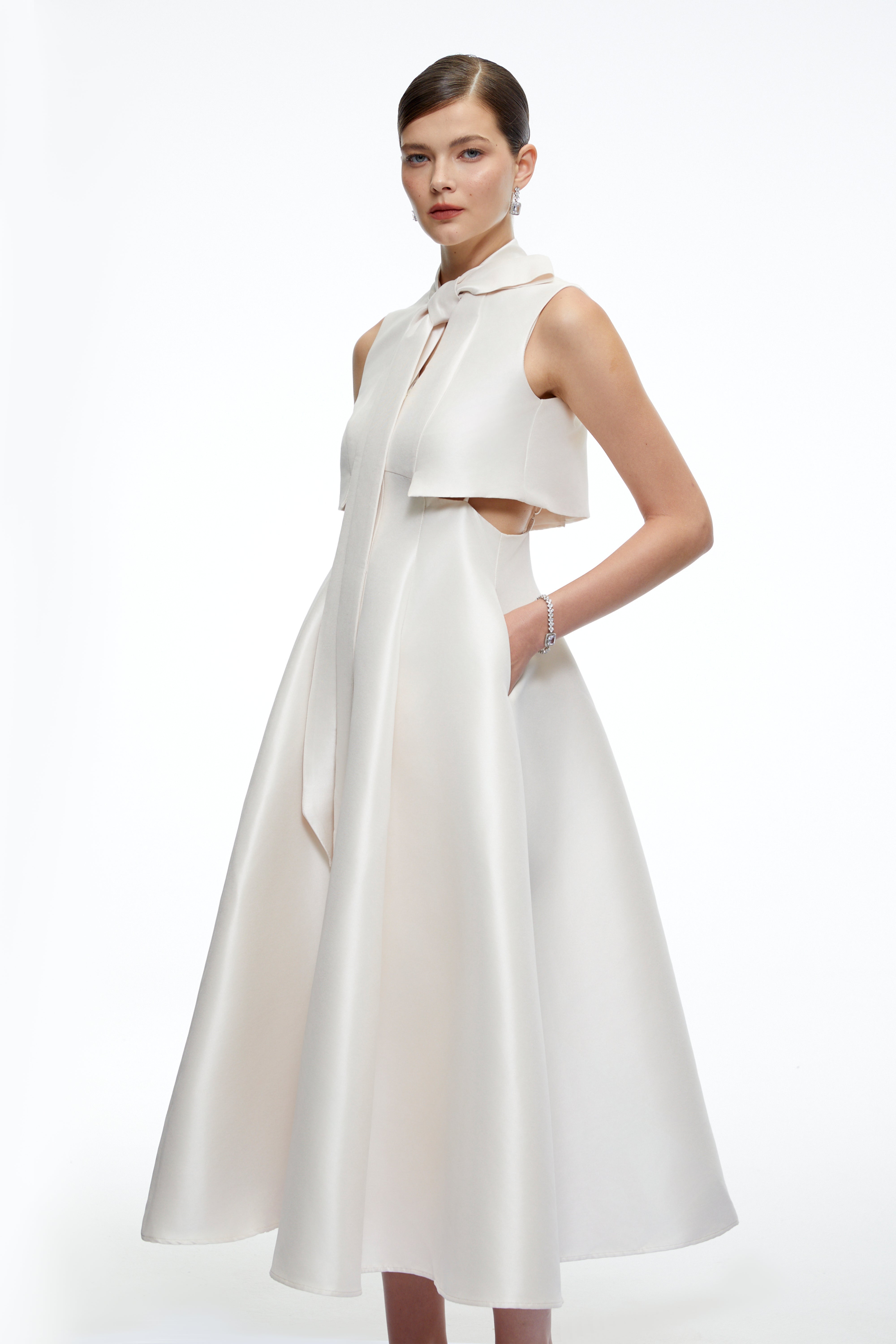Leocadia Beige Satin Midi Dress with Bow