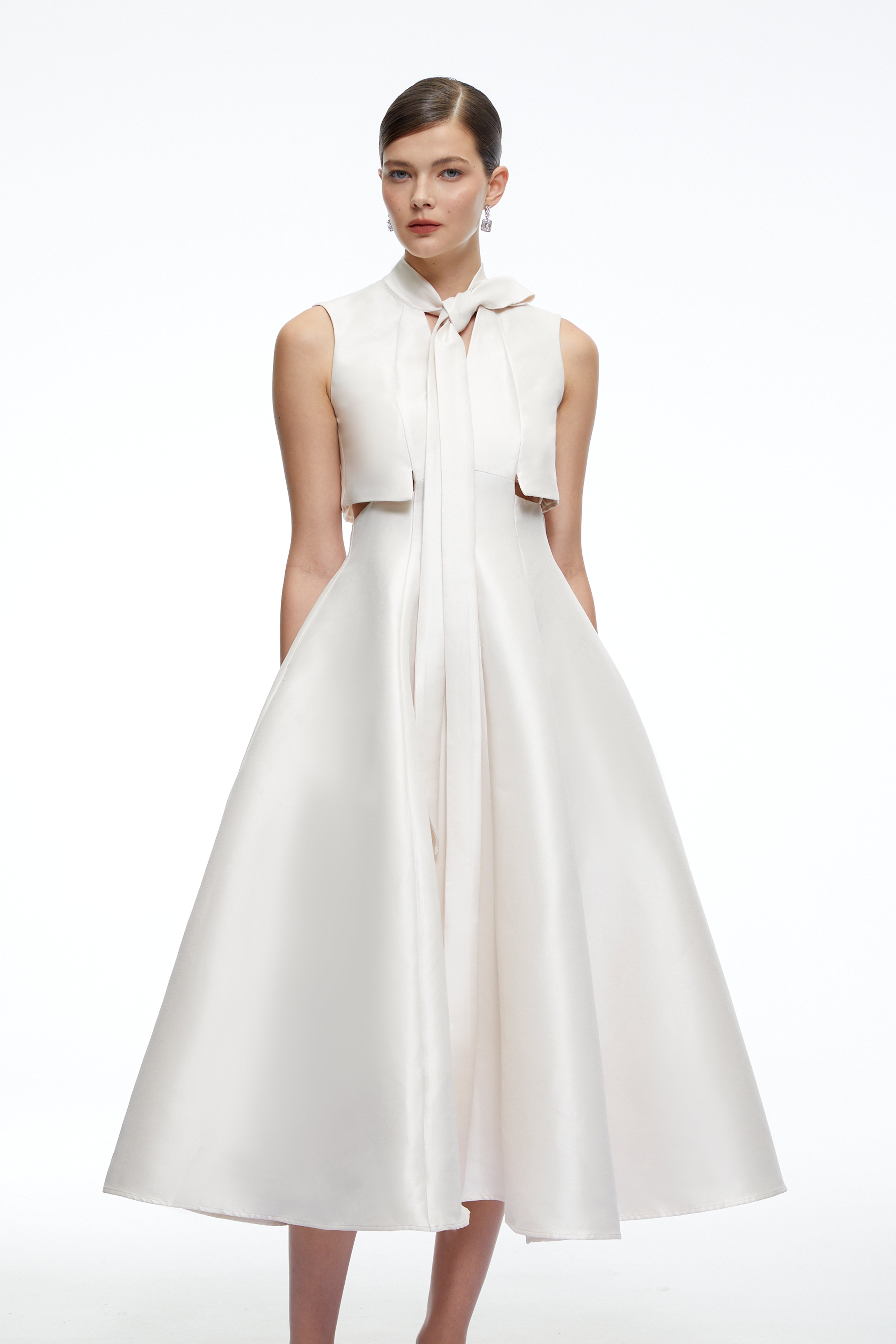 Leocadia Beige Satin Midi Dress with Bow