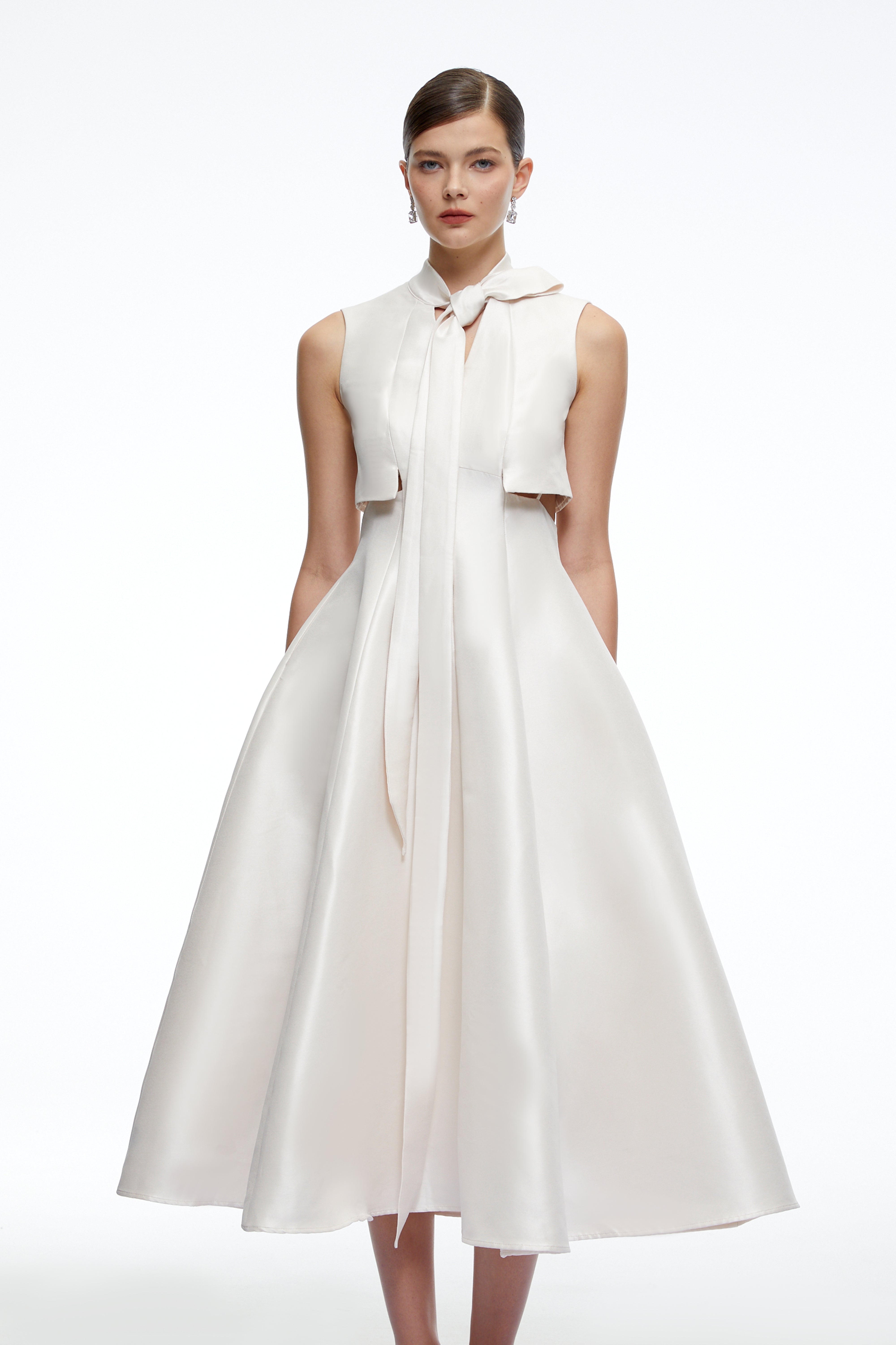 Leocadia Beige Satin Midi Dress with Bow