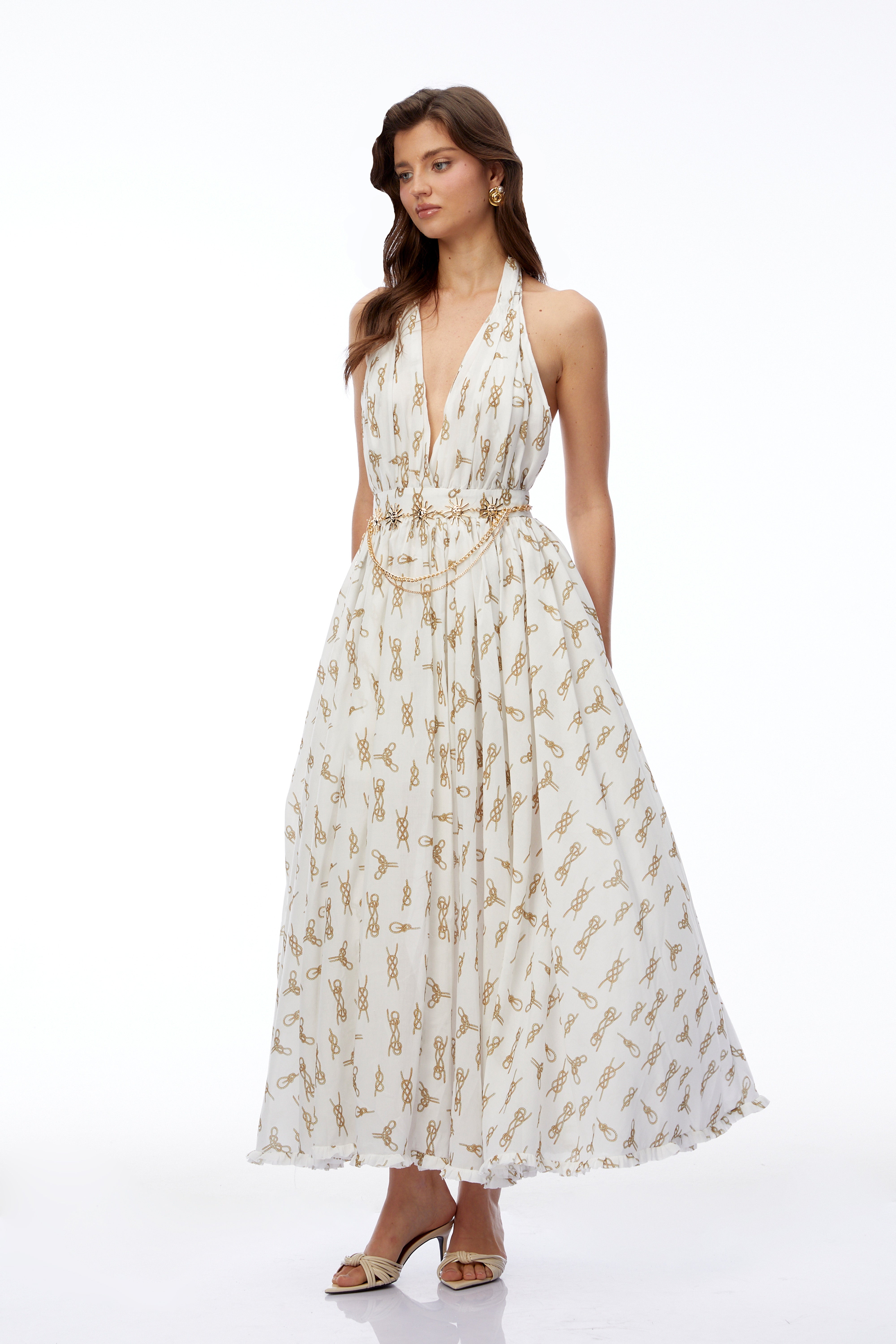 Leonora White Halterneck Ruched Maxi Dress