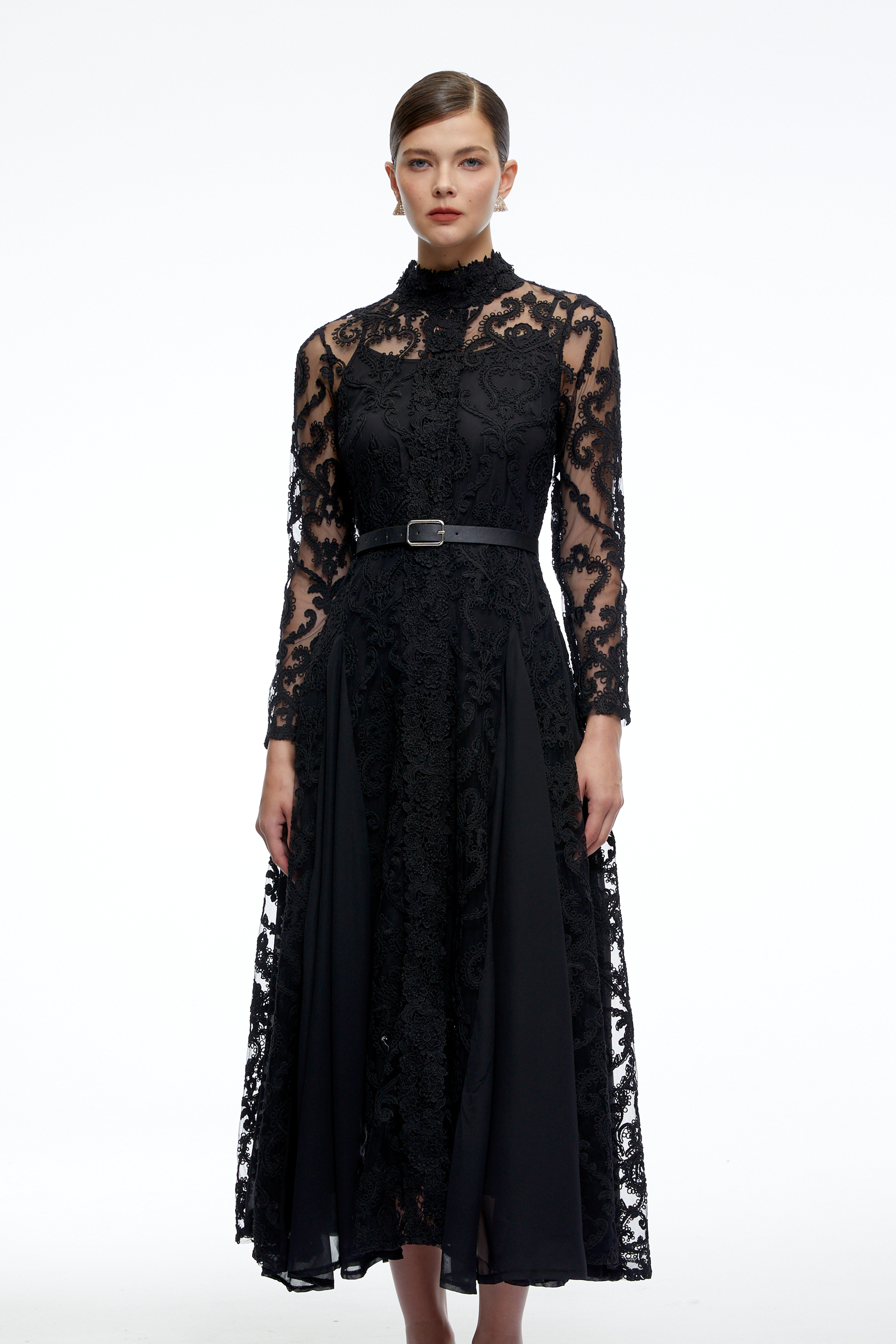Linnea Black Long Sleeves Lace Midi Dress
