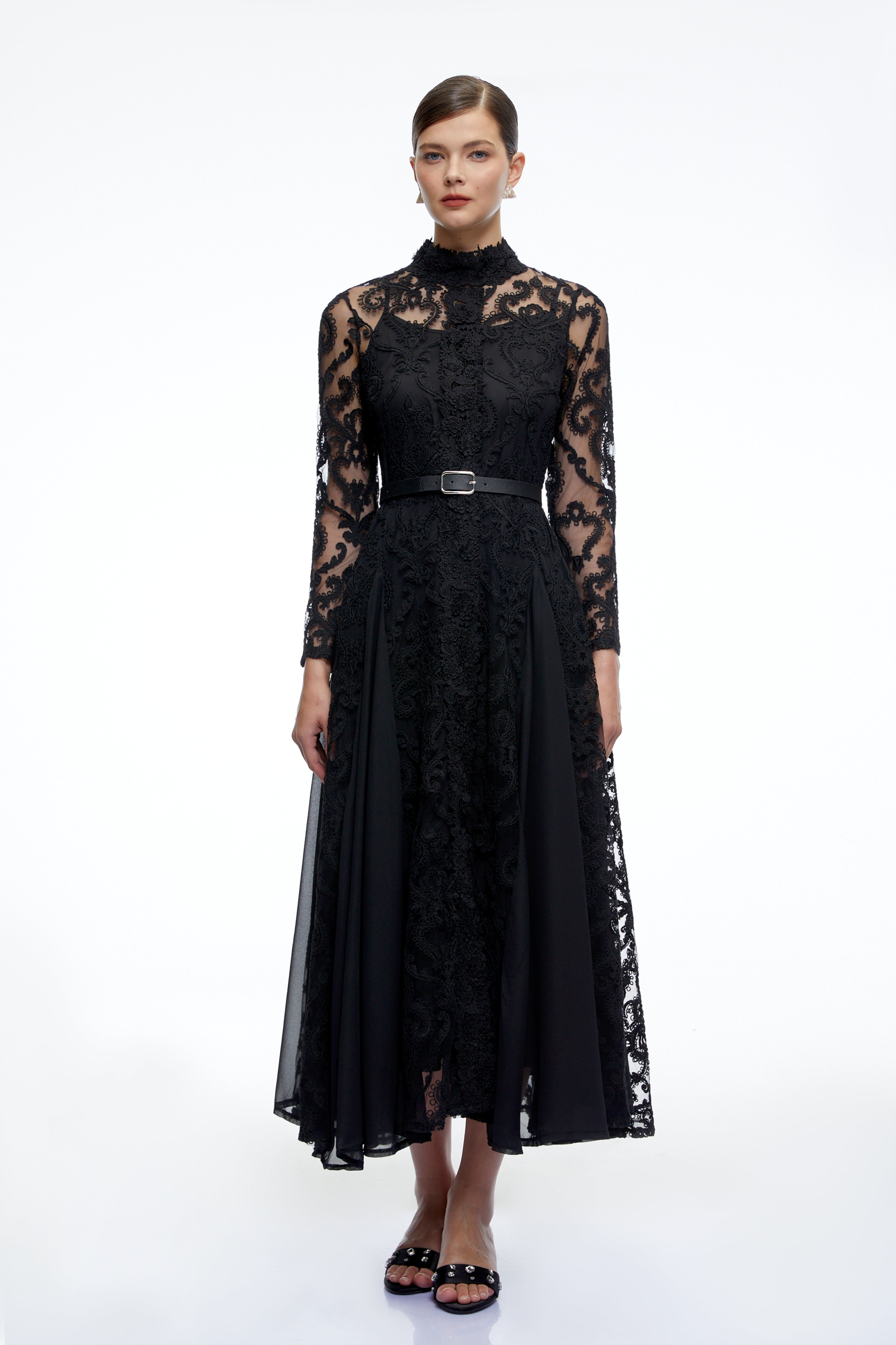 Linnea Black Long Sleeves Lace Midi Dress