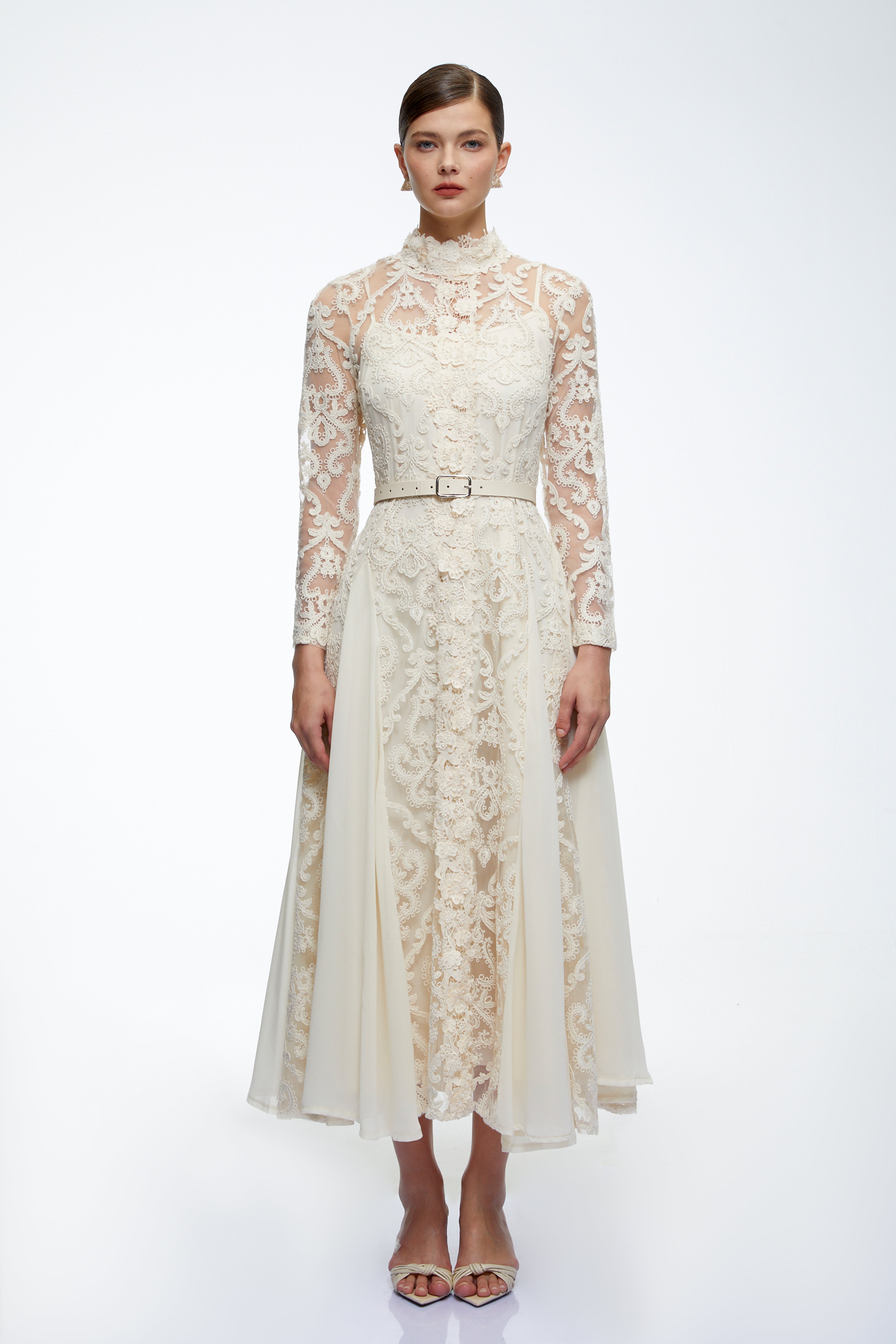 Linnea Neutral Long Sleeves Lace Midi Dress