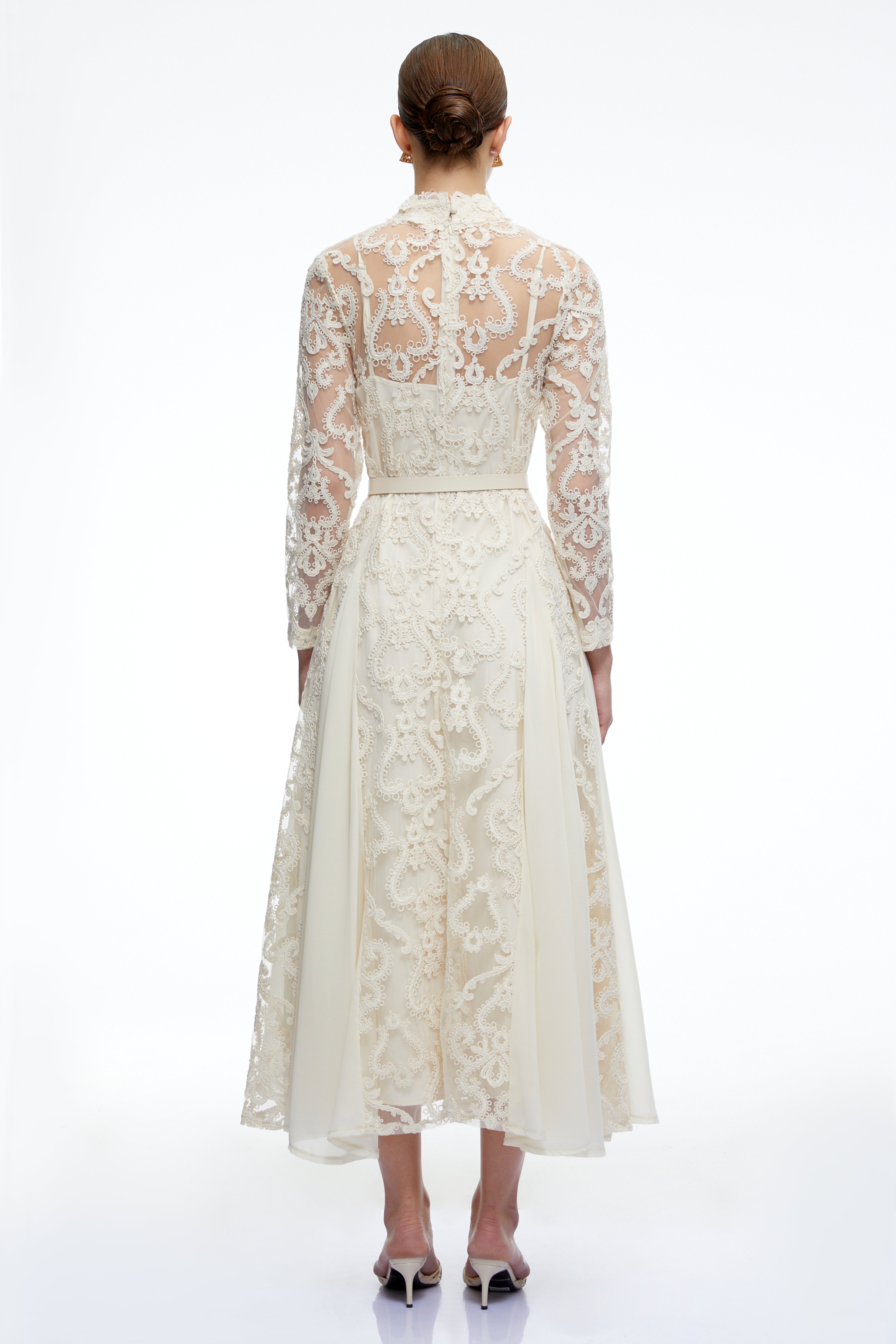 Linnea Neutral Long Sleeves Lace Midi Dress