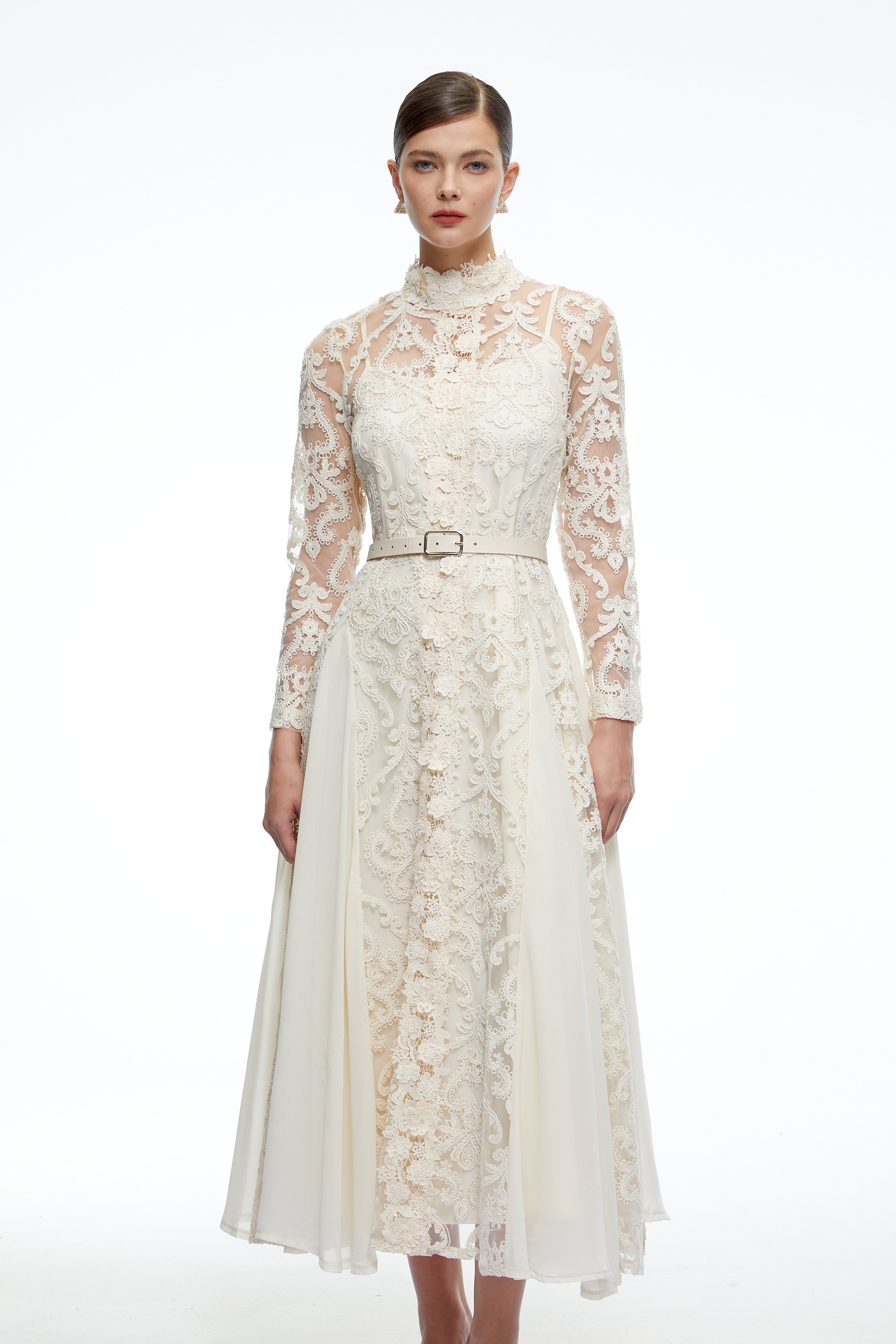 Linnea Neutral Long Sleeves Lace Midi Dress