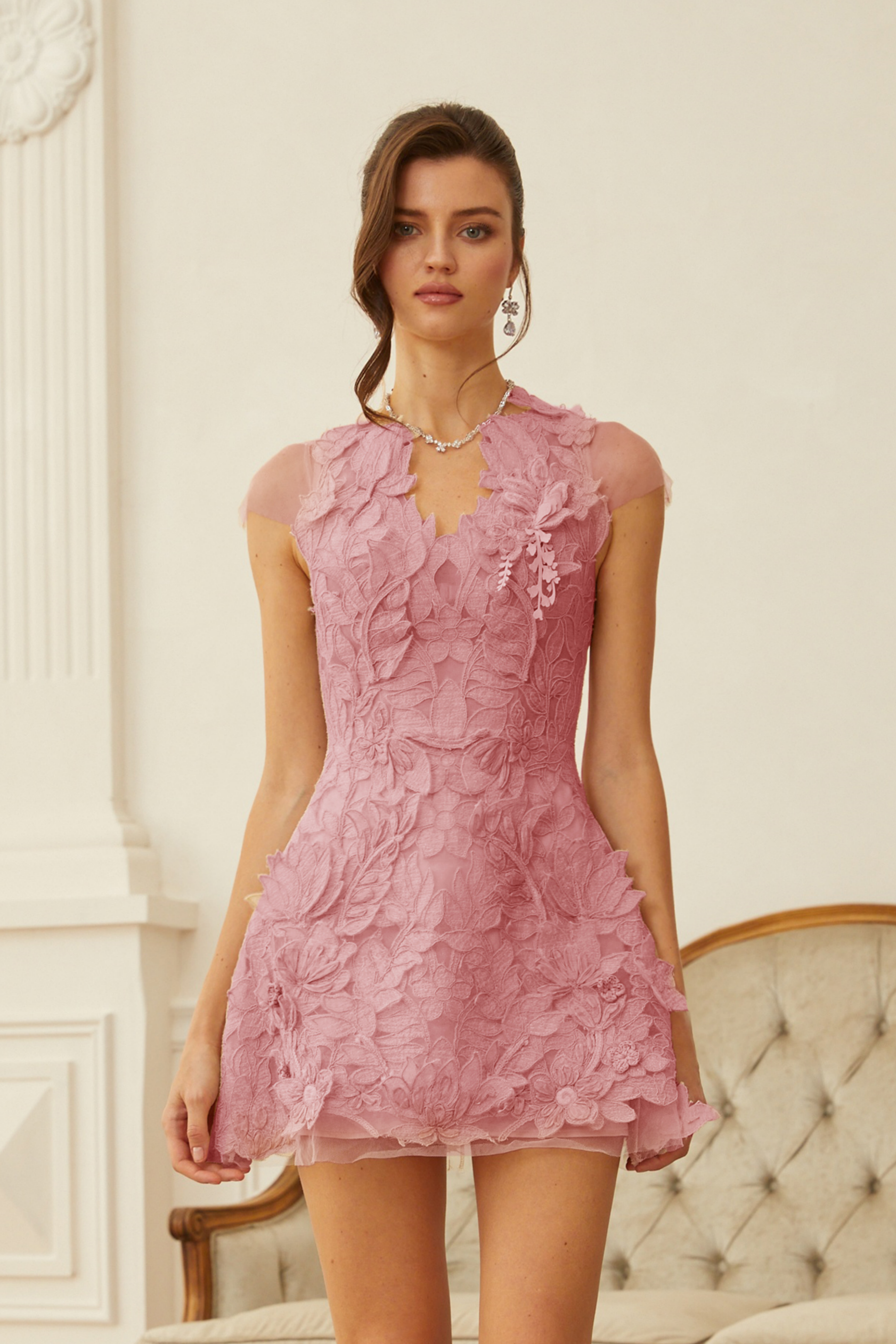 Linnea Pink Floral Applique V-Neck Mini Dress (Final Sale)