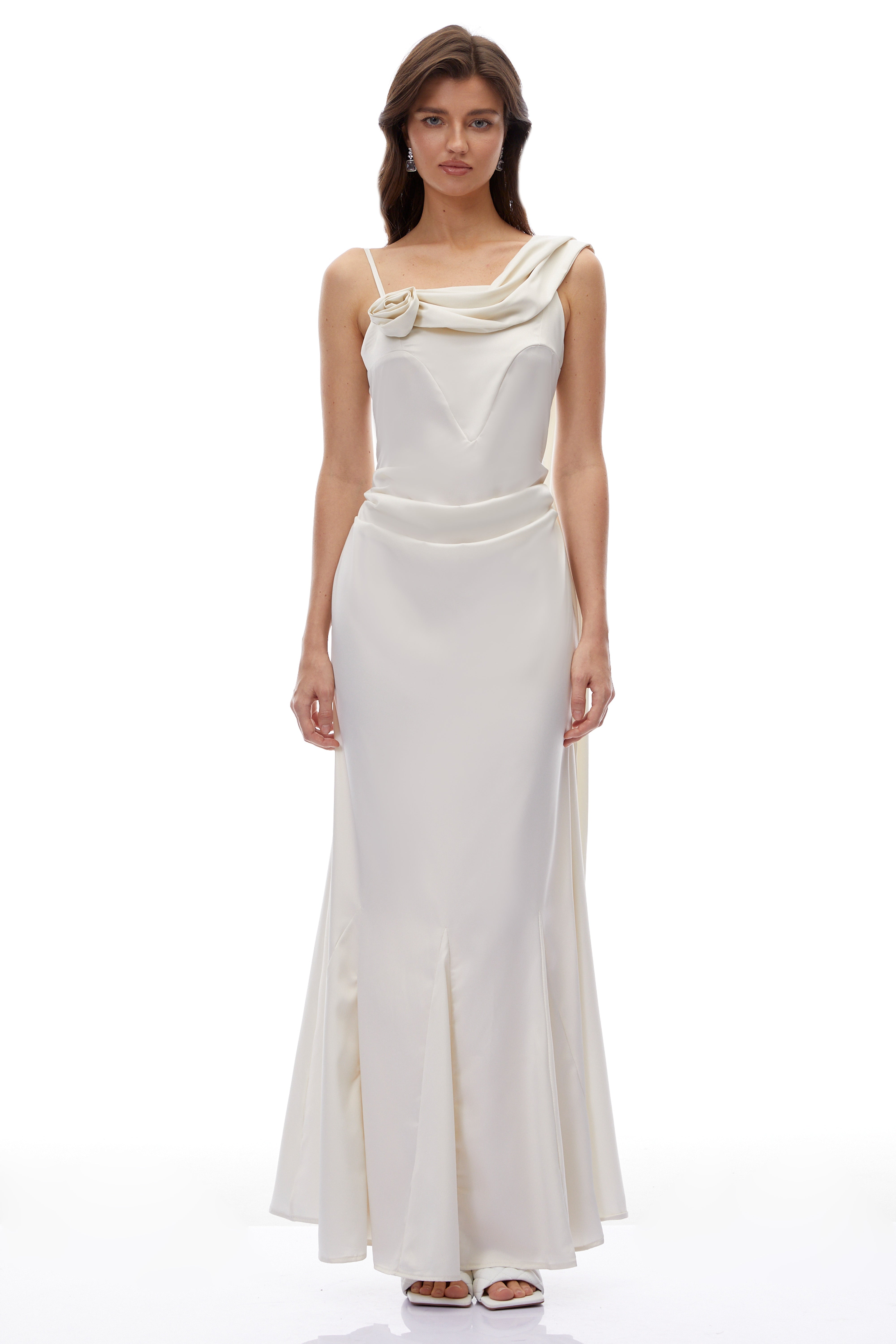 Lisa White One Shoulder Ruched Maxi Dress with 3D Florals
