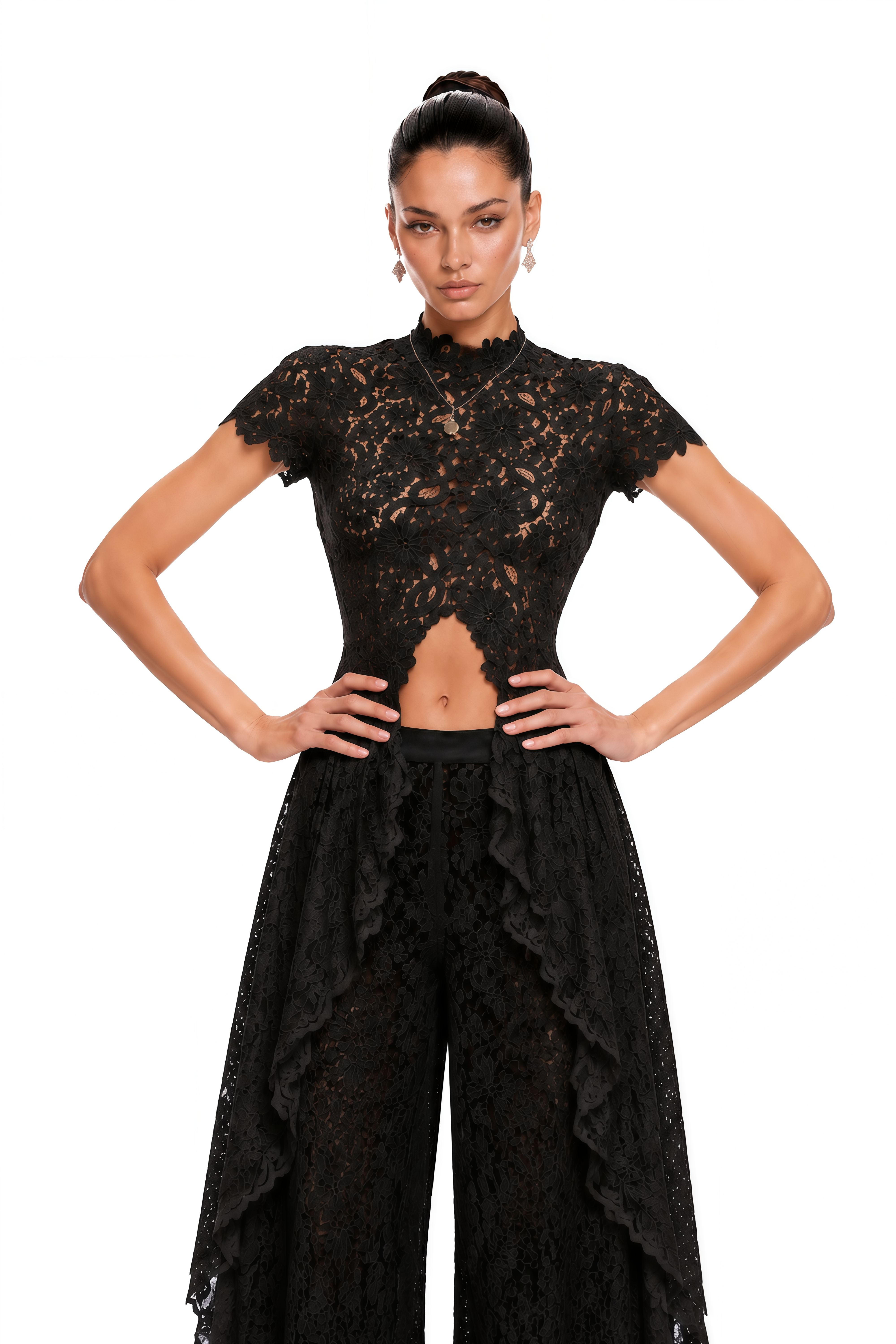 Loana Black Floral Lace Top & Trousers Set