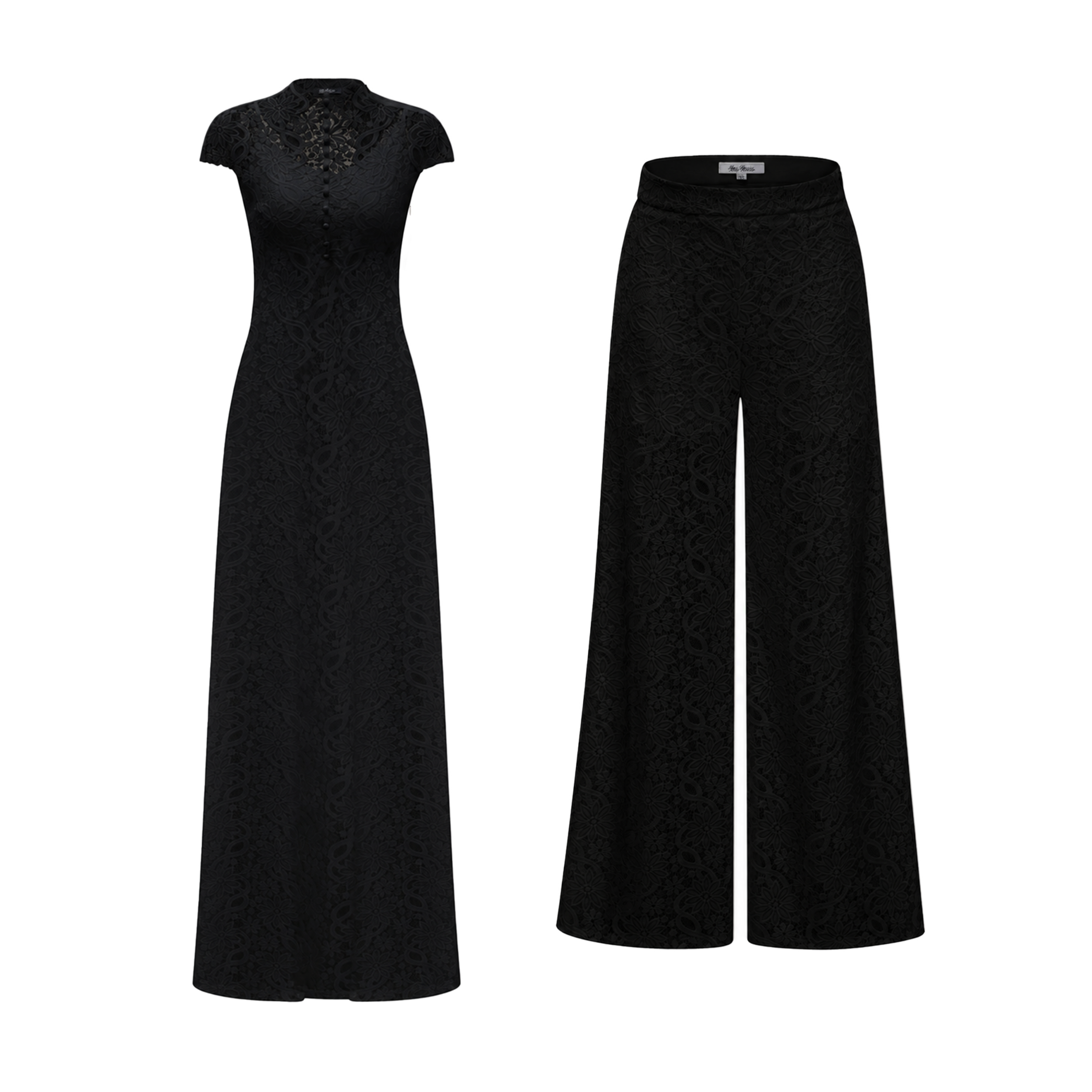 Ensemble Loana : haut et pantalon en dentelle à motifs floraux noirs