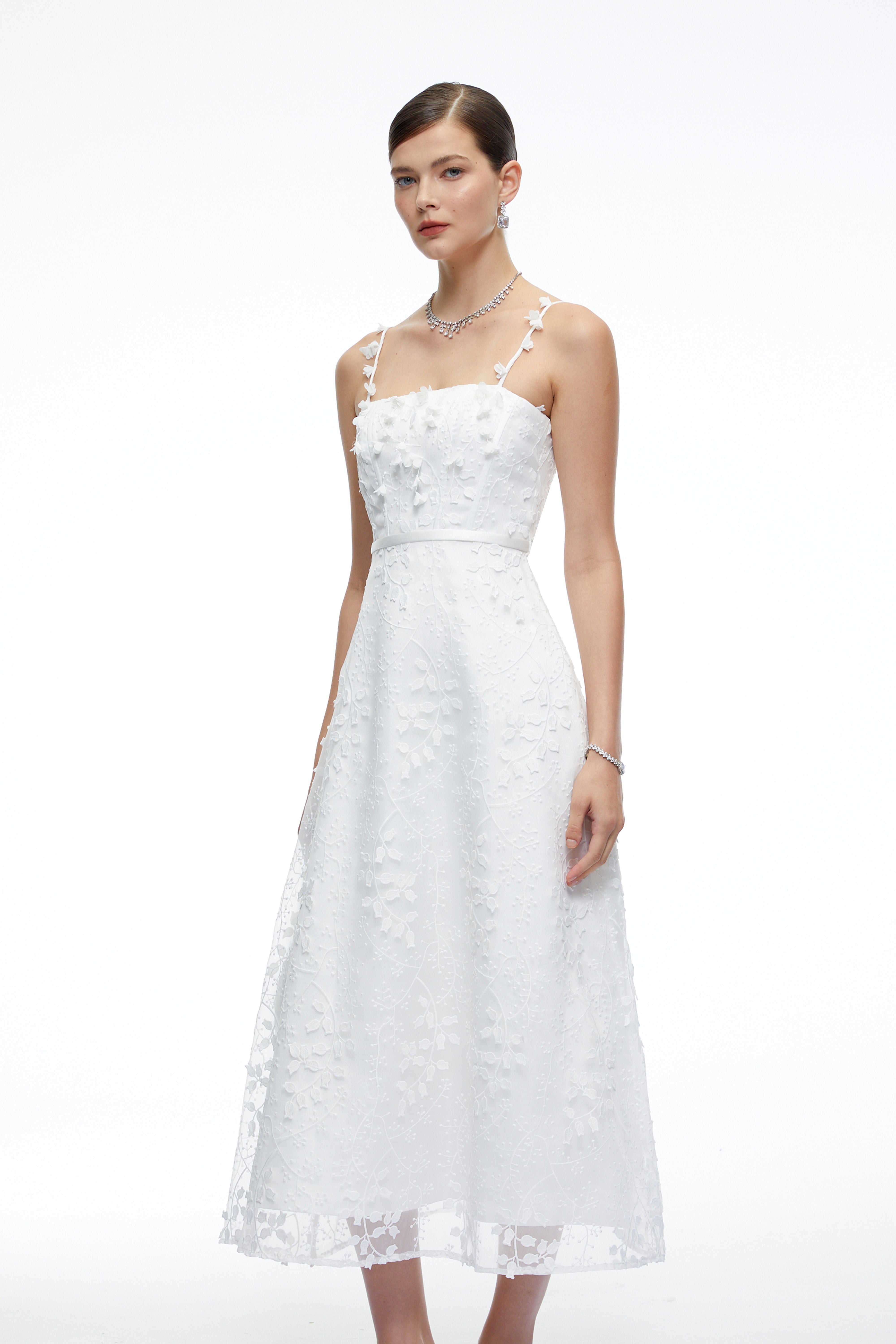 Loretta White Square Neck Midi Dress with 3D Florals