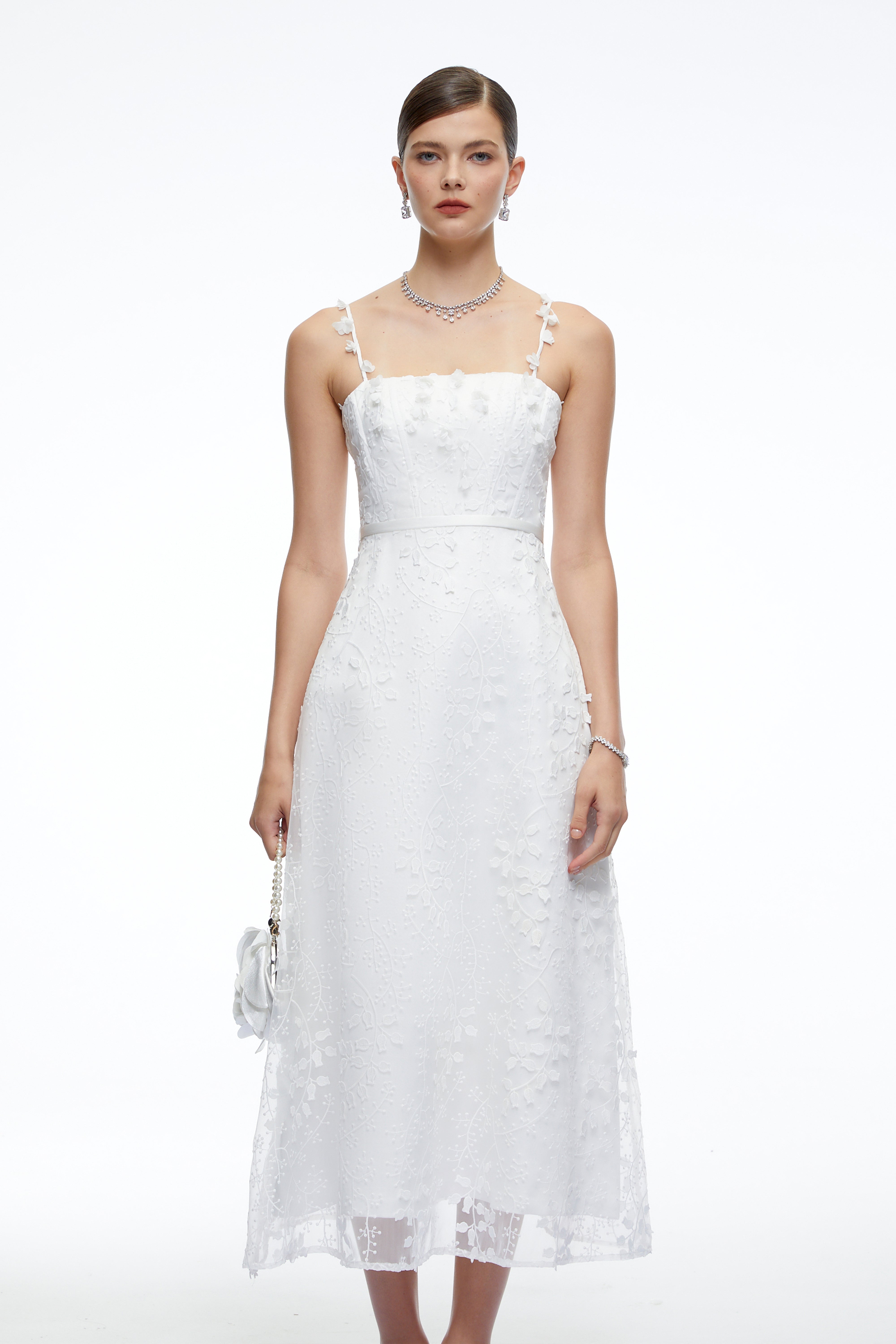 Loretta White Square Neck Midi Dress with 3D Florals