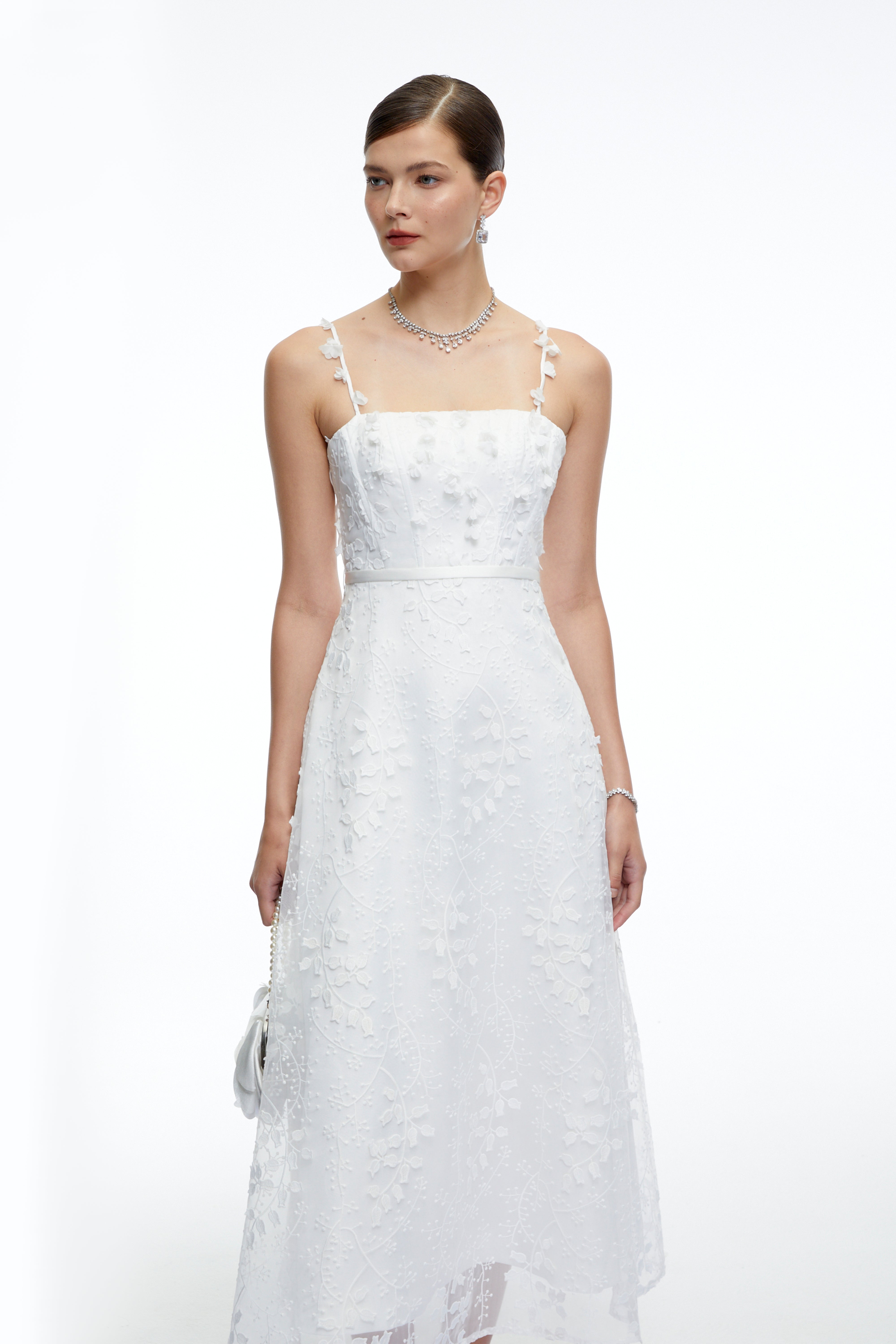 Loretta White Square Neck Midi Dress with 3D Florals