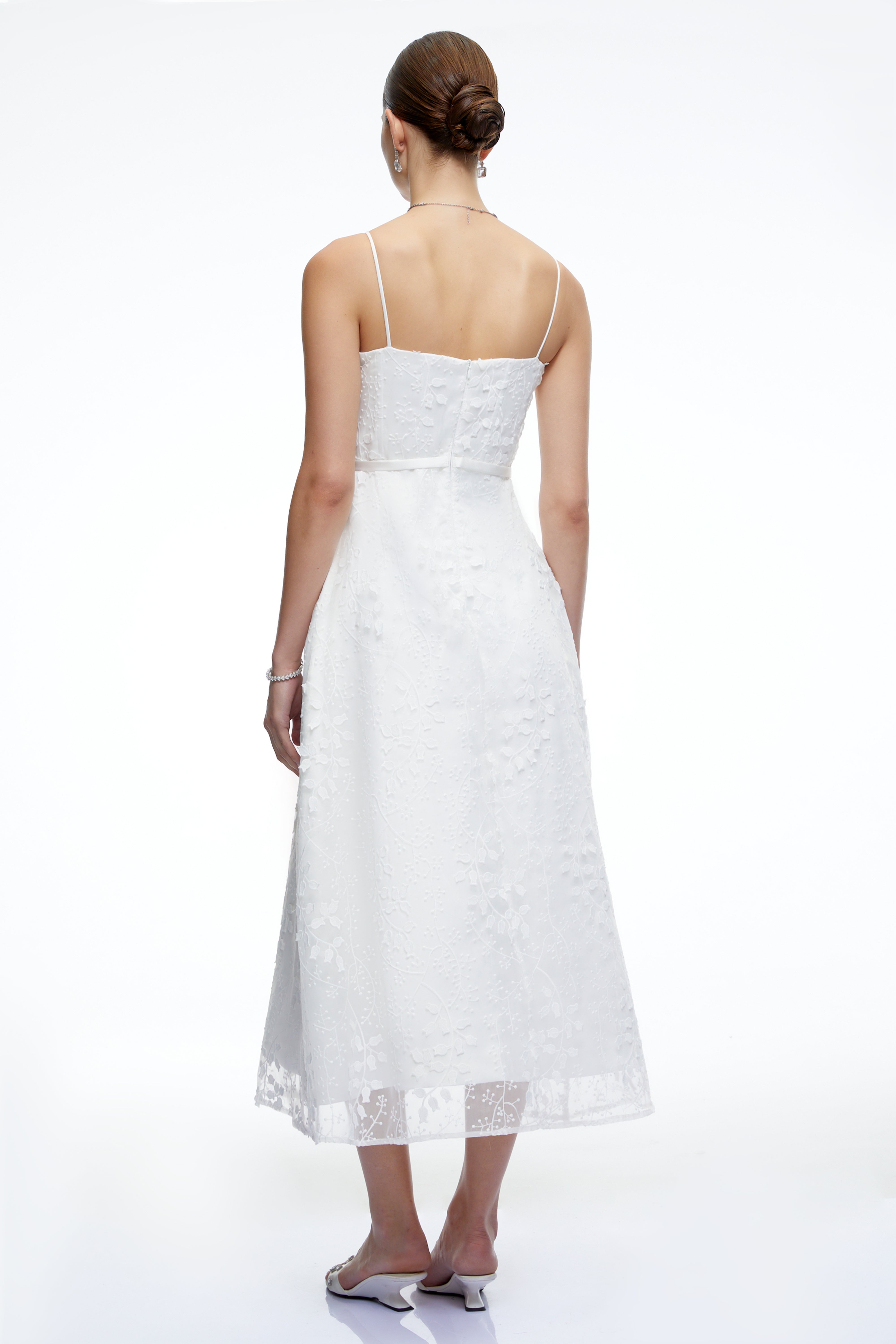 Loretta White Square Neck Midi Dress with 3D Florals