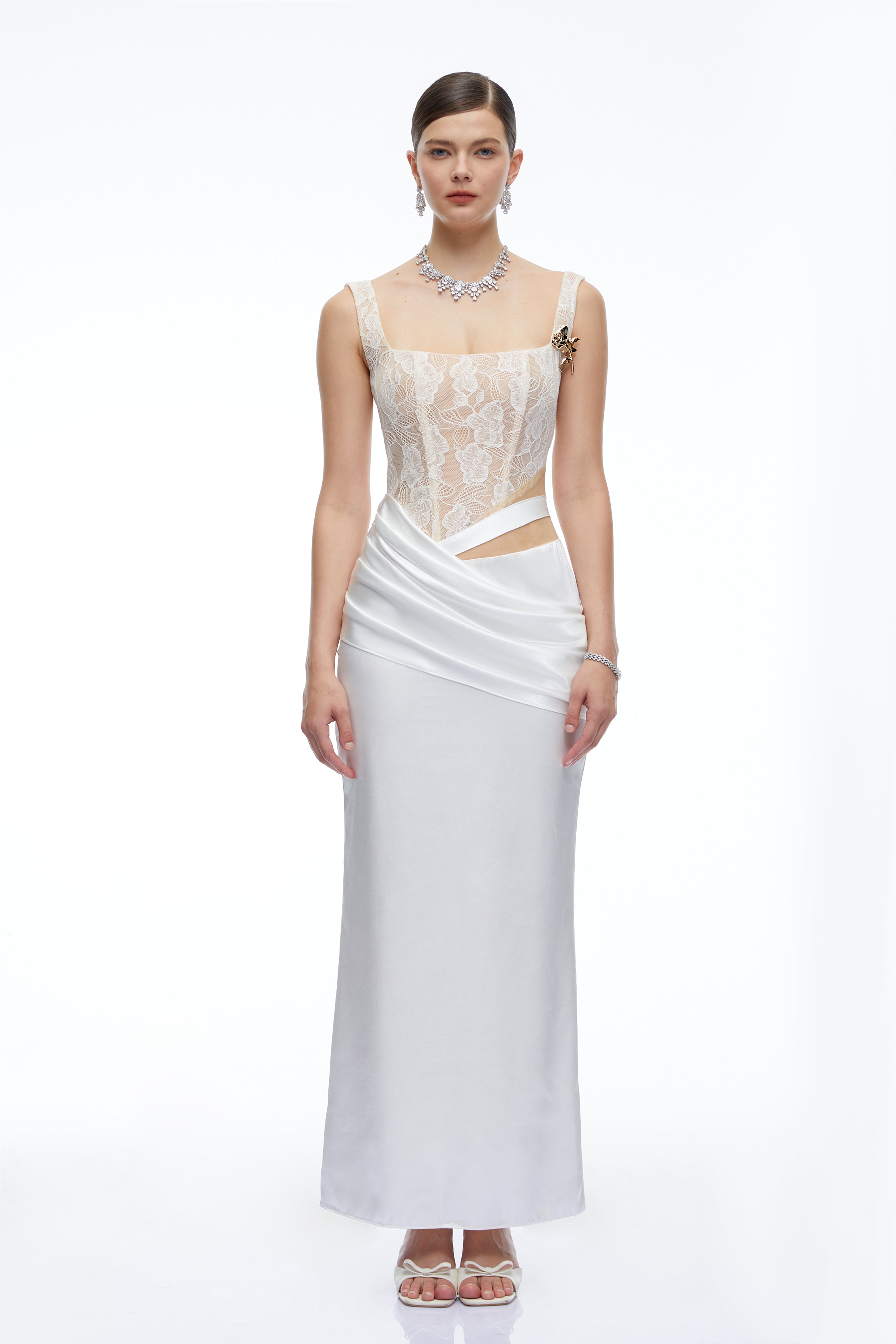 Lorraine White Satin Maxi Dress with Lace Cut-Outs