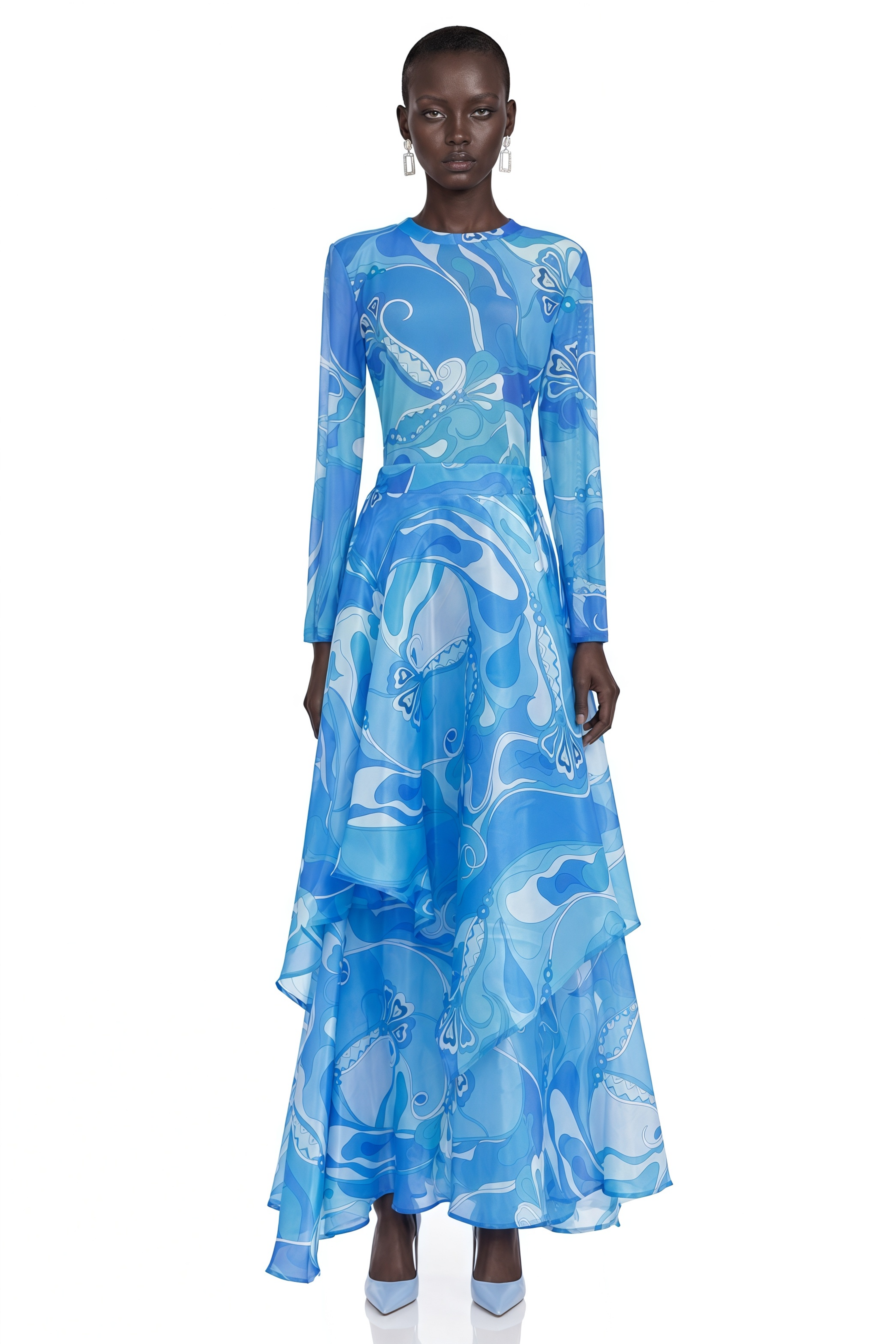 Lucasta Blue Printed Long Sleeve Top & Tiered Skirt Set