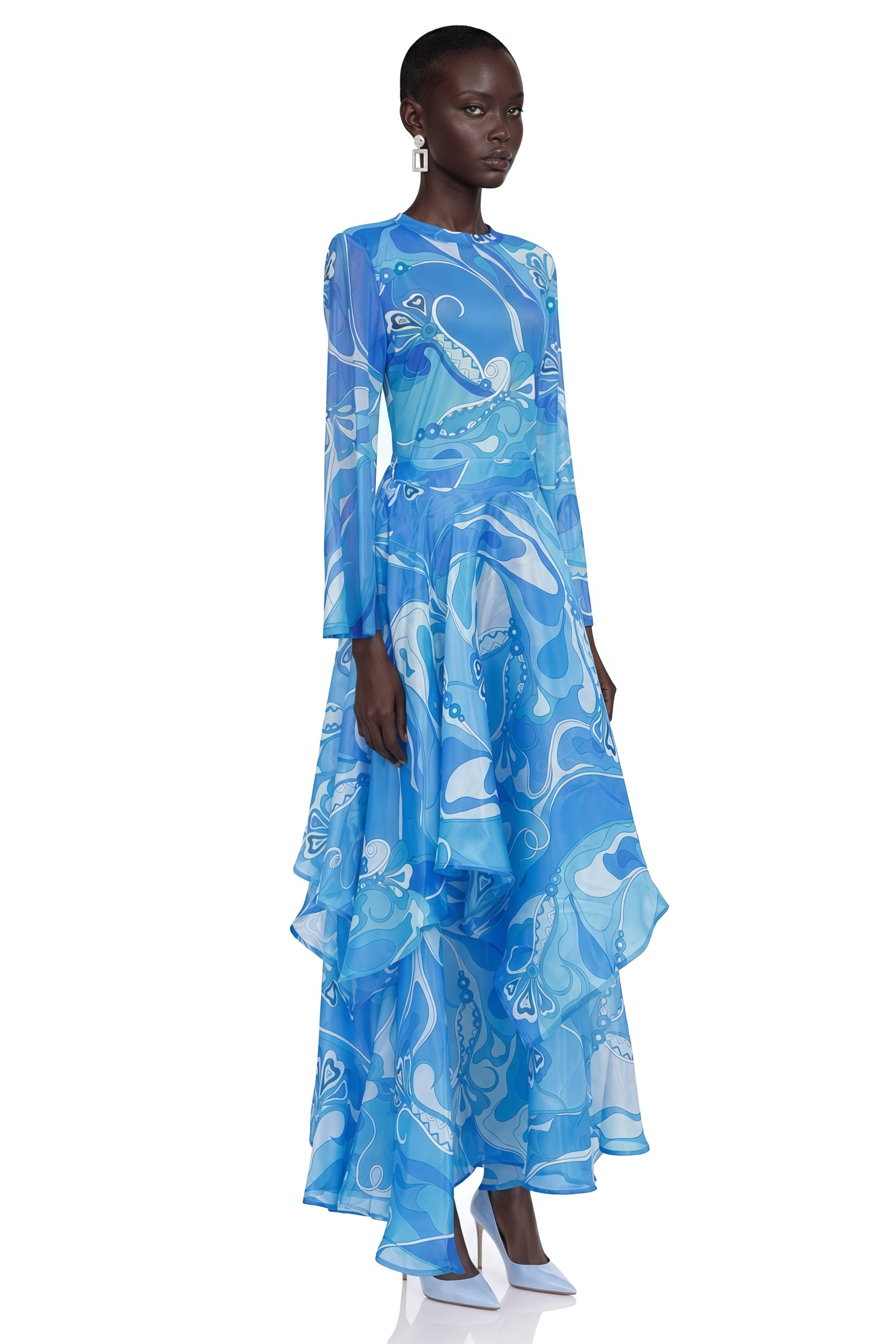 Lucasta Blue Printed Long Sleeve Top & Tiered Skirt Set